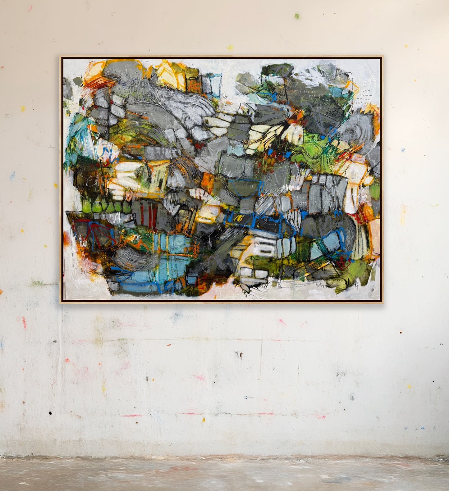 Abstract painting on a textured wall