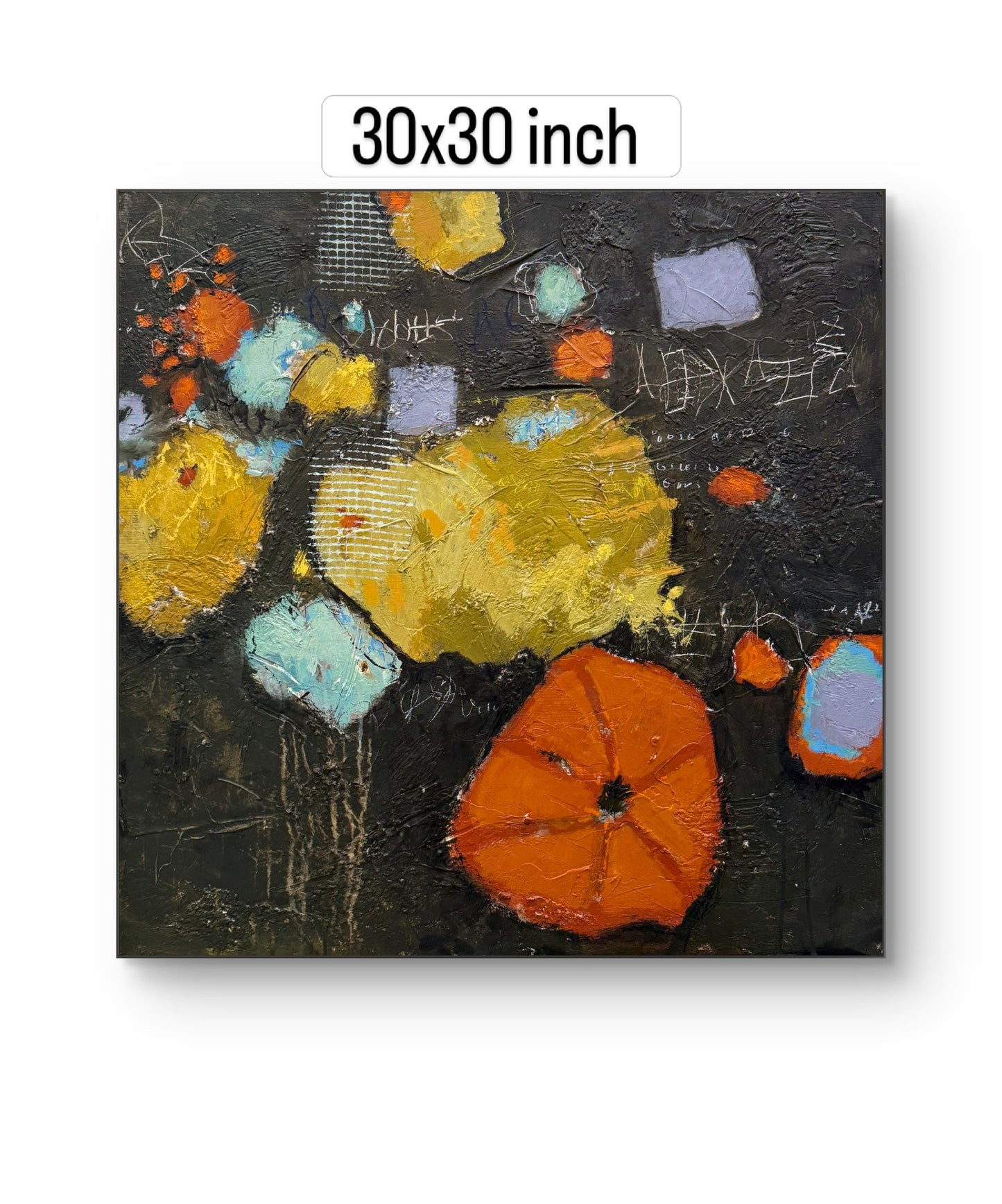 An abstract canvas painting with textured impasto brushstrokes in yellow, orange, light blue, lavender, and white on a dark charcoal-black background. A white label at the top reads '30x30 inch' with a drop shadow below the canvas.