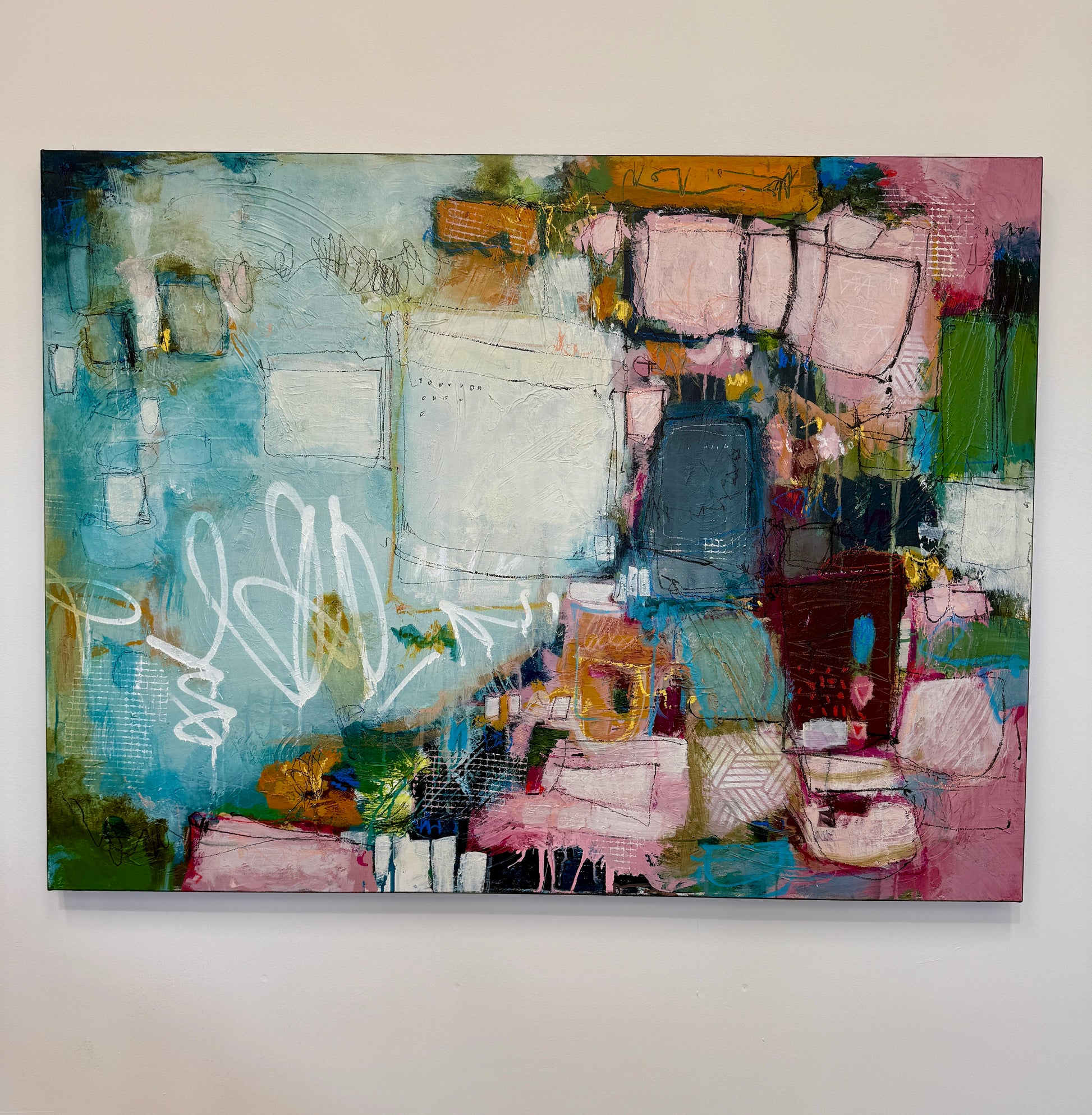 orange green and pink abstract painting for sale by artist lori mirabelli
