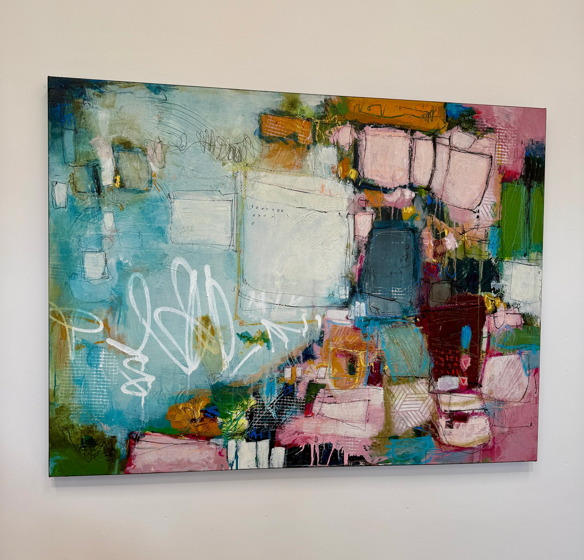 orange green and pink abstract painting for sale by artist lori mirabelli