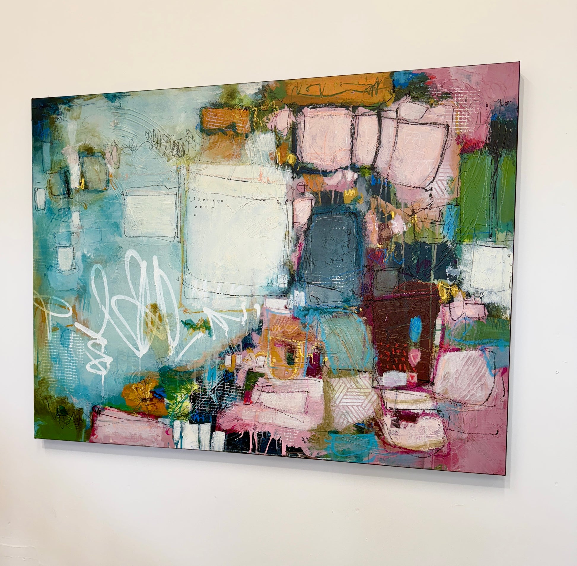 orange green and pink abstract painting for sale by artist lori mirabelli