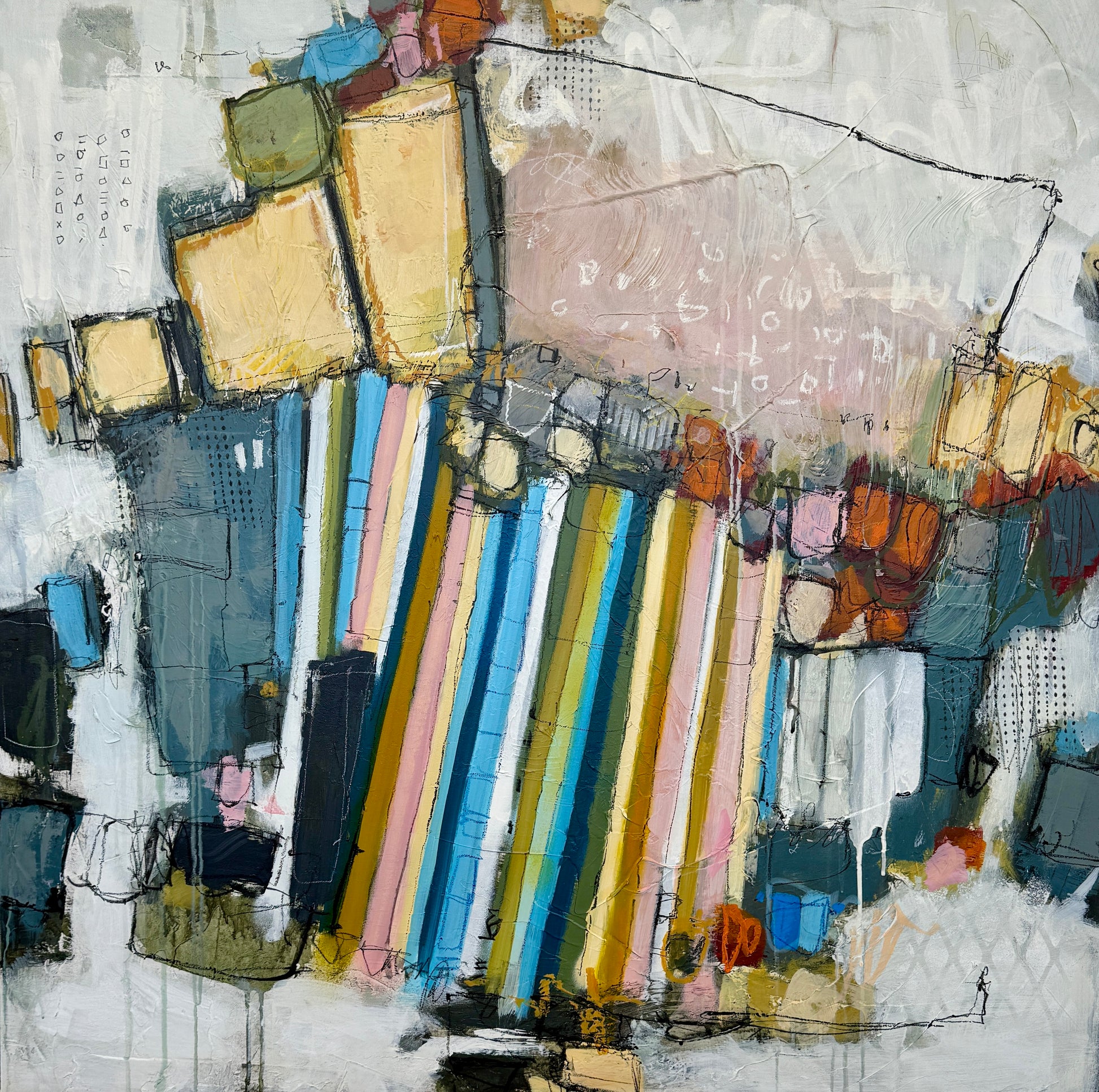 orange green and pink abstract painting for sale by artist lori mirabelli