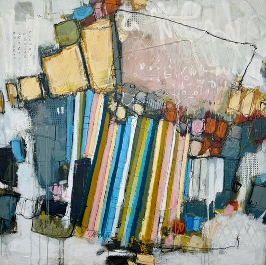orange green and pink abstract painting for sale by artist lori mirabelli