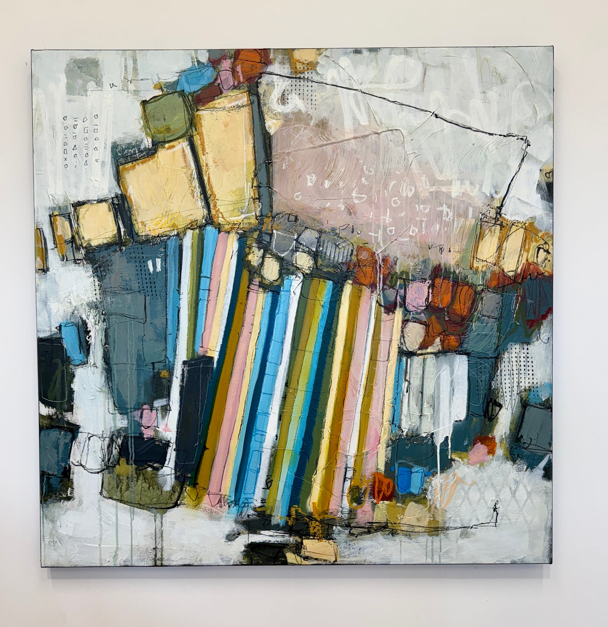 orange green and pink abstract painting for sale by artist lori mirabelli