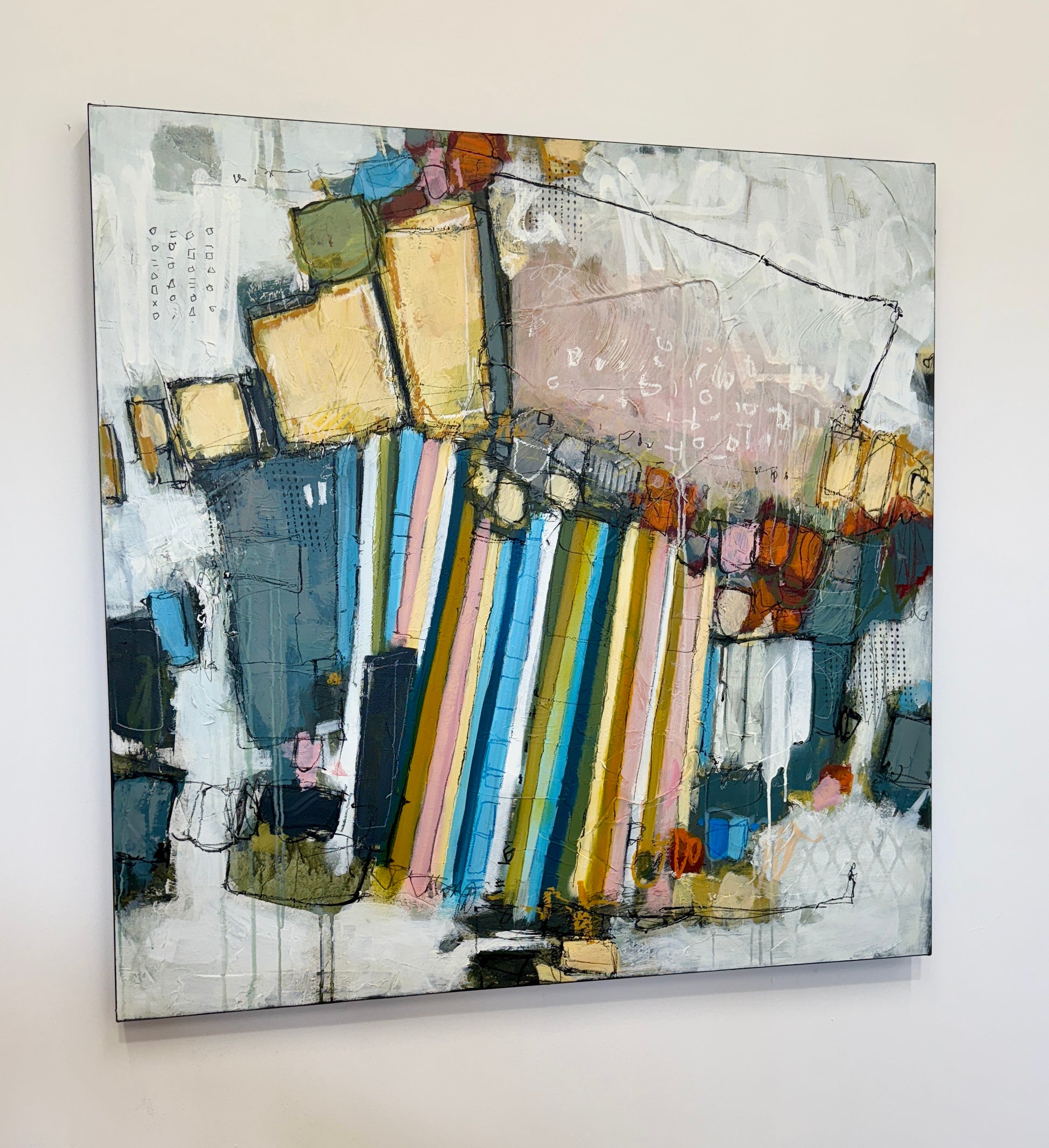 orange green and pink abstract painting for sale by artist lori mirabelli