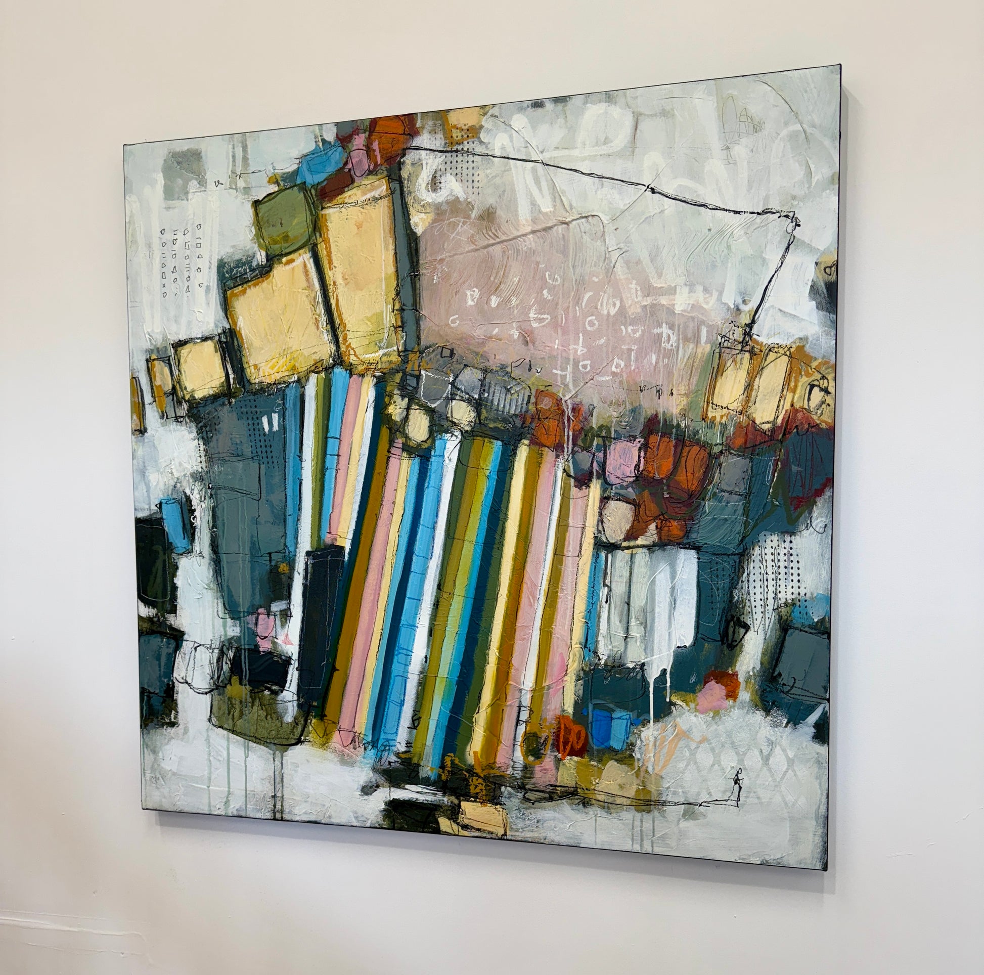 orange green and pink abstract painting for sale by artist lori mirabelli