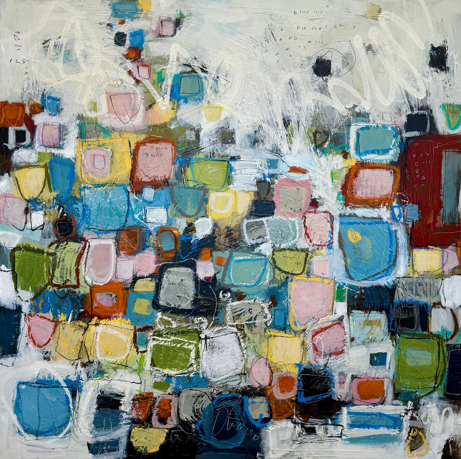 orange green and pink abstract painting for sale by artist lori mirabelli