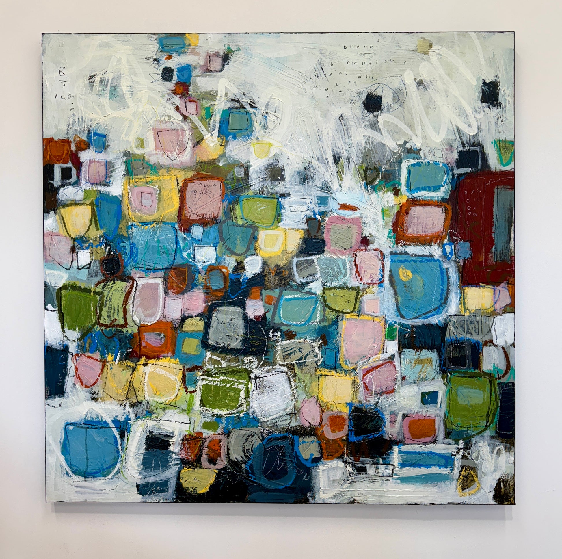 orange green and pink abstract painting for sale by artist lori mirabelli