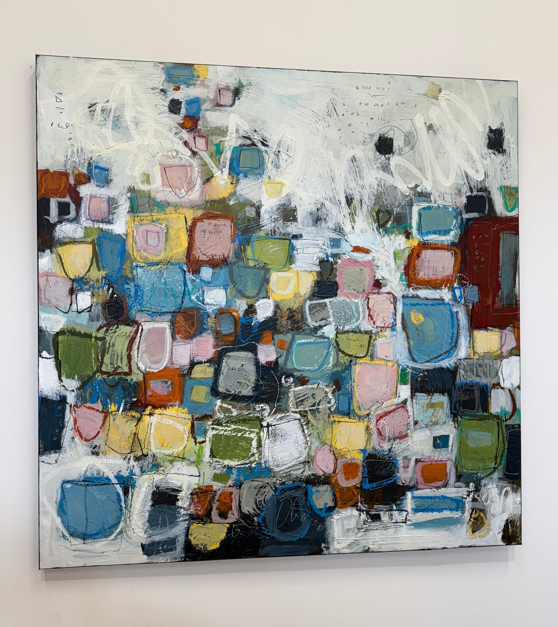 orange green and pink abstract painting for sale by artist lori mirabelli