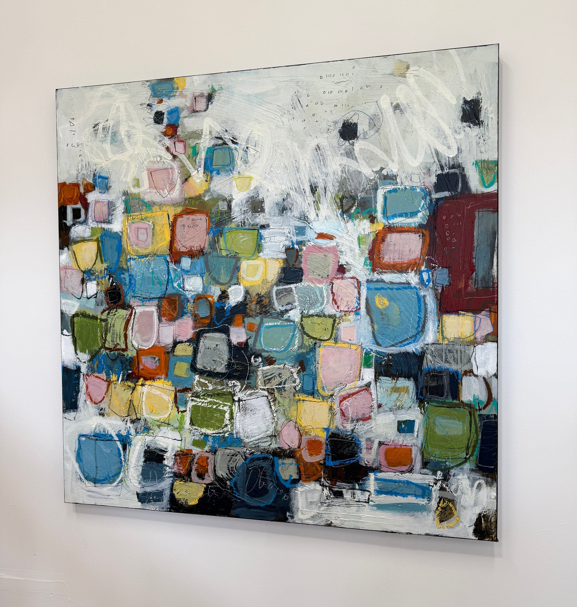 orange green and pink abstract painting for sale by artist lori mirabelli