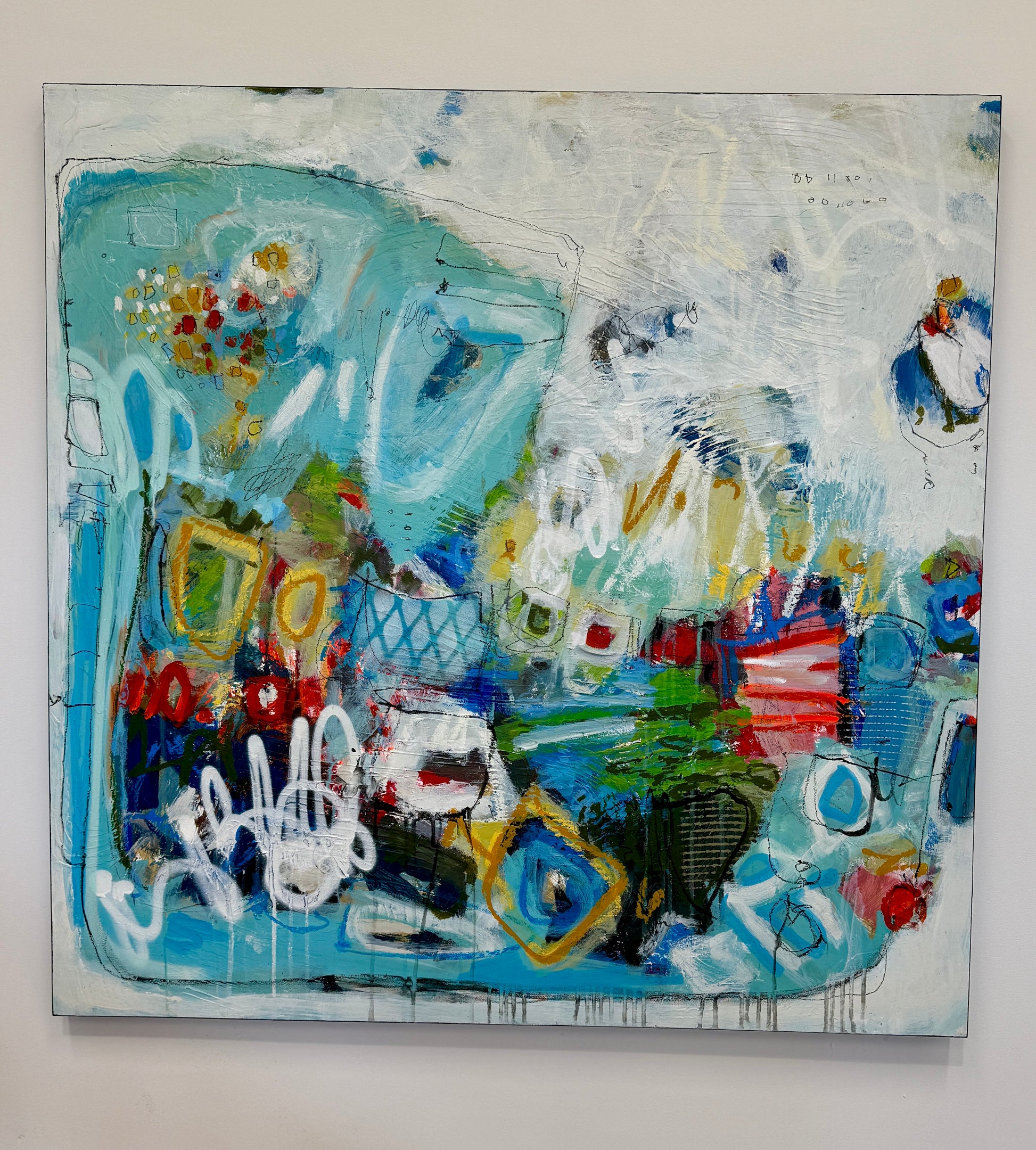 orange green and pink abstract painting for sale by artist lori mirabelli
