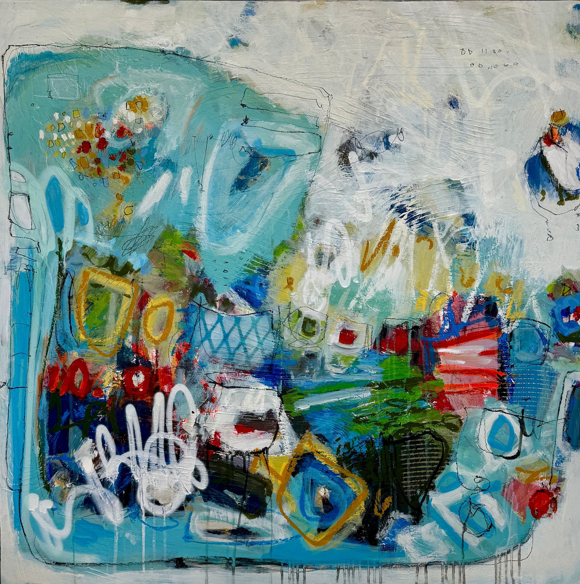 orange green and pink abstract painting for sale by artist lori mirabelli