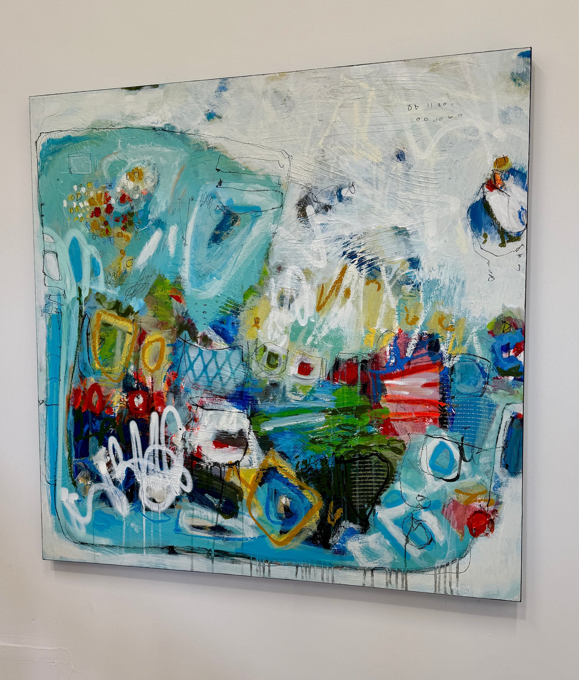 orange green and pink abstract painting for sale by artist lori mirabelli