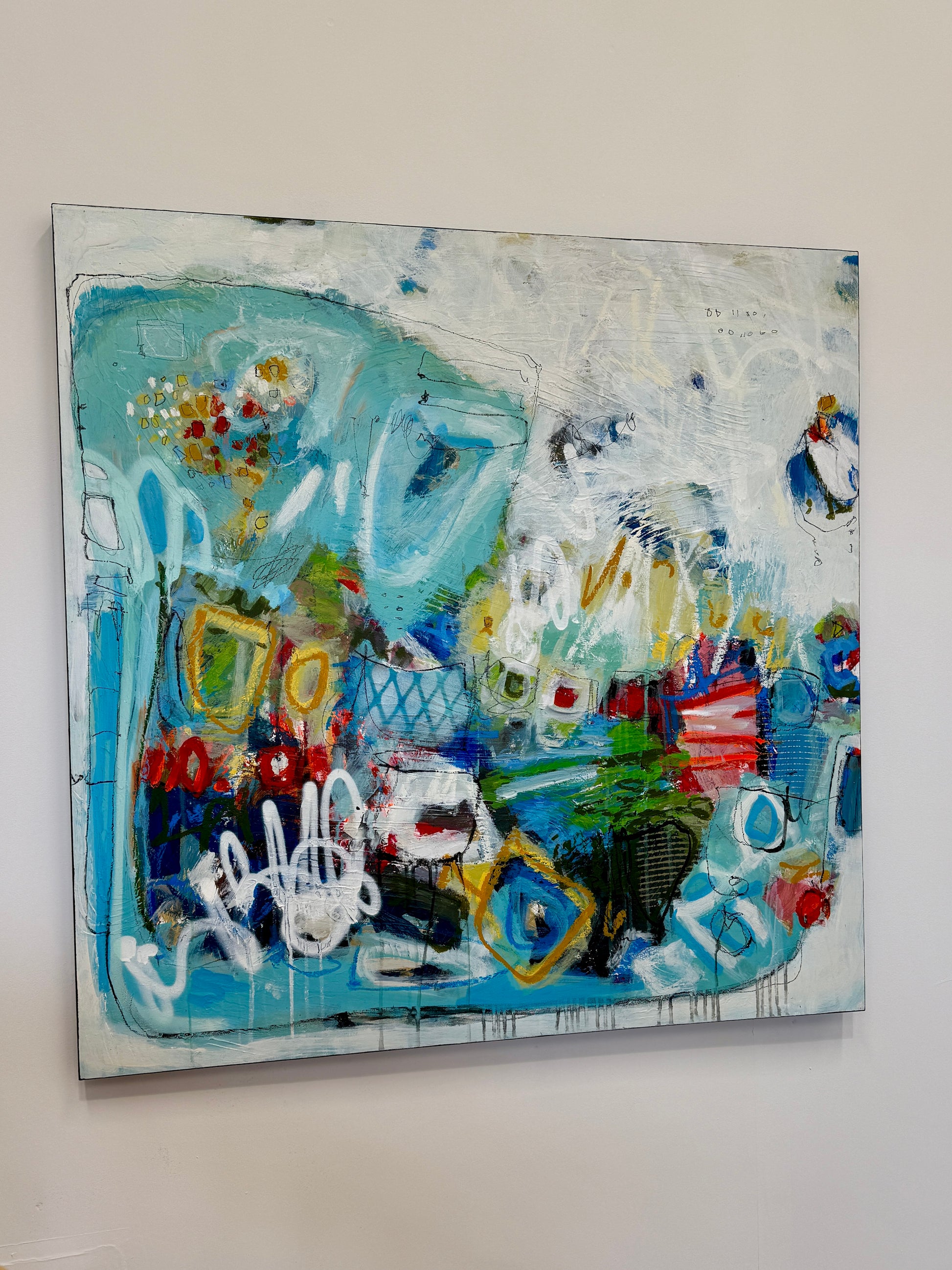 orange green and pink abstract painting for sale by artist lori mirabelli
