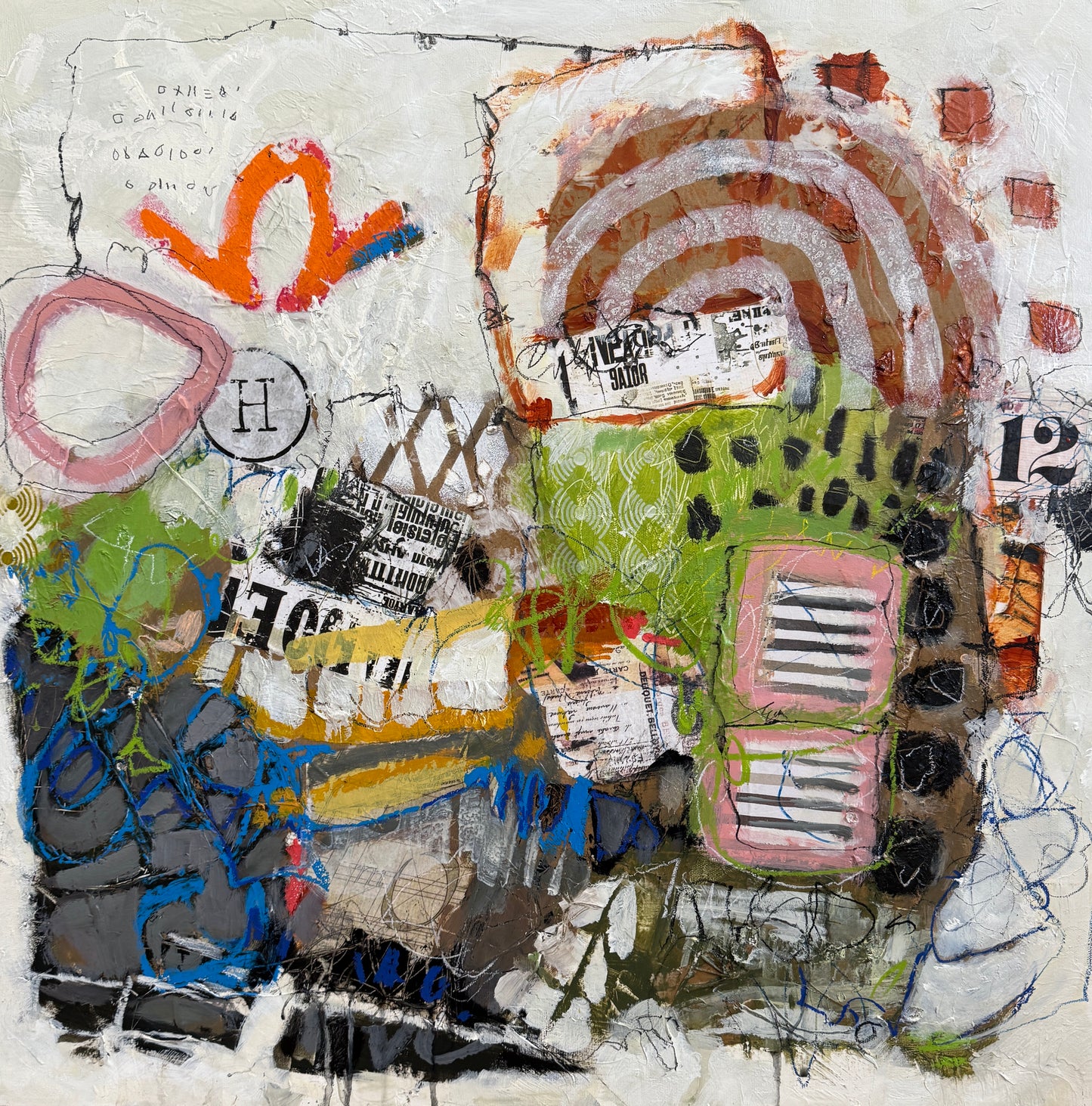 Collage art with various textures and colors on a textured background lori mirabelli 24x24 inch