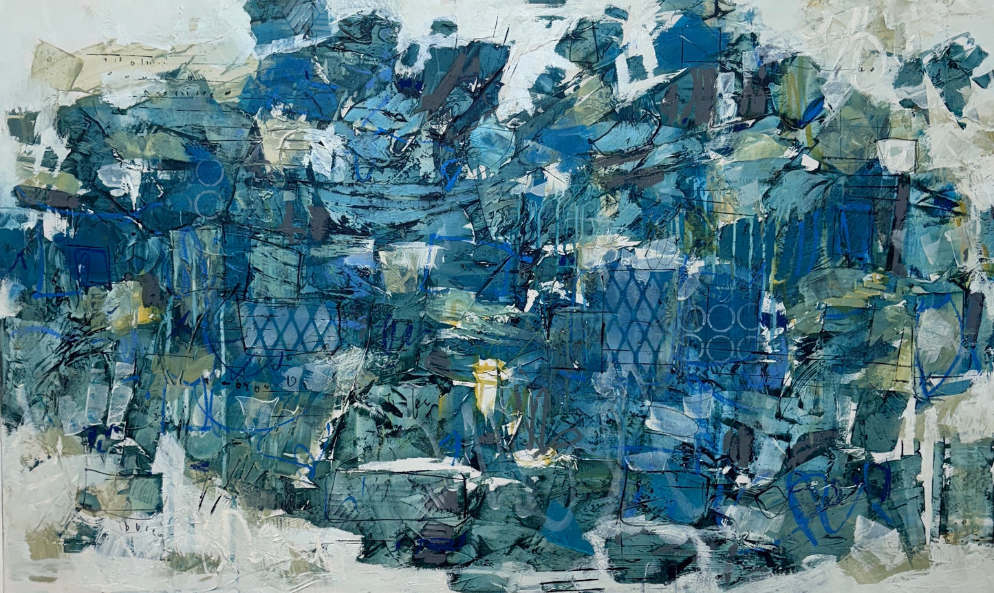 Large 48 x 72 inch abstract acrylic painting on canvas by Canadian artist Lori Mirabelli, featuring layered shades of deep and muted blue with hints of green, white, and texture, displayed above a cozy white bed with soft blue bedding in a modern minimalist bedroom. Contemporary fine art by Toronto-based abstract painter Lori Mirabelli, collected in homes across Canada and the U.S.