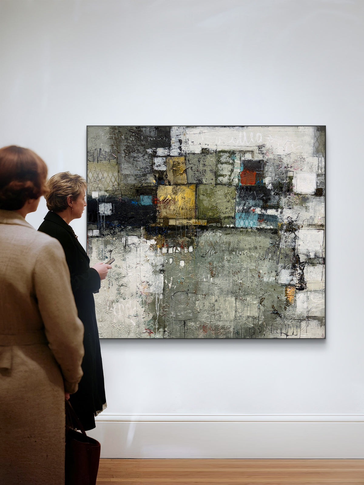 abstract painting, acrylic on canvas, textured surface, geometric composition, large scale, statement piece, earthy palette, olive green, charcoal grey, ochre yellow, turquoise accents, contemporary interiors, Canadian painter, Lori Mirabelli, Ottawa, Toronto, Montreal, Smiths Falls, 54x60