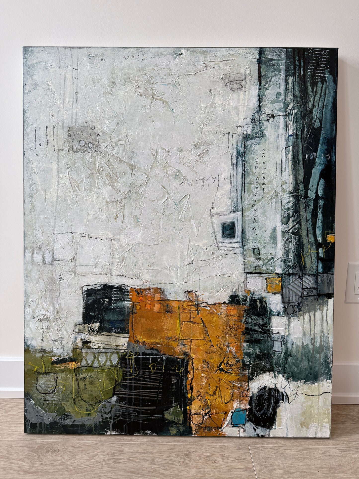 Close-up detail of Residual, original abstract canvas art by Lori Mirabelli, highlighting rich texture, contemporary mark making, earthy neutrals, and expressive layered composition.