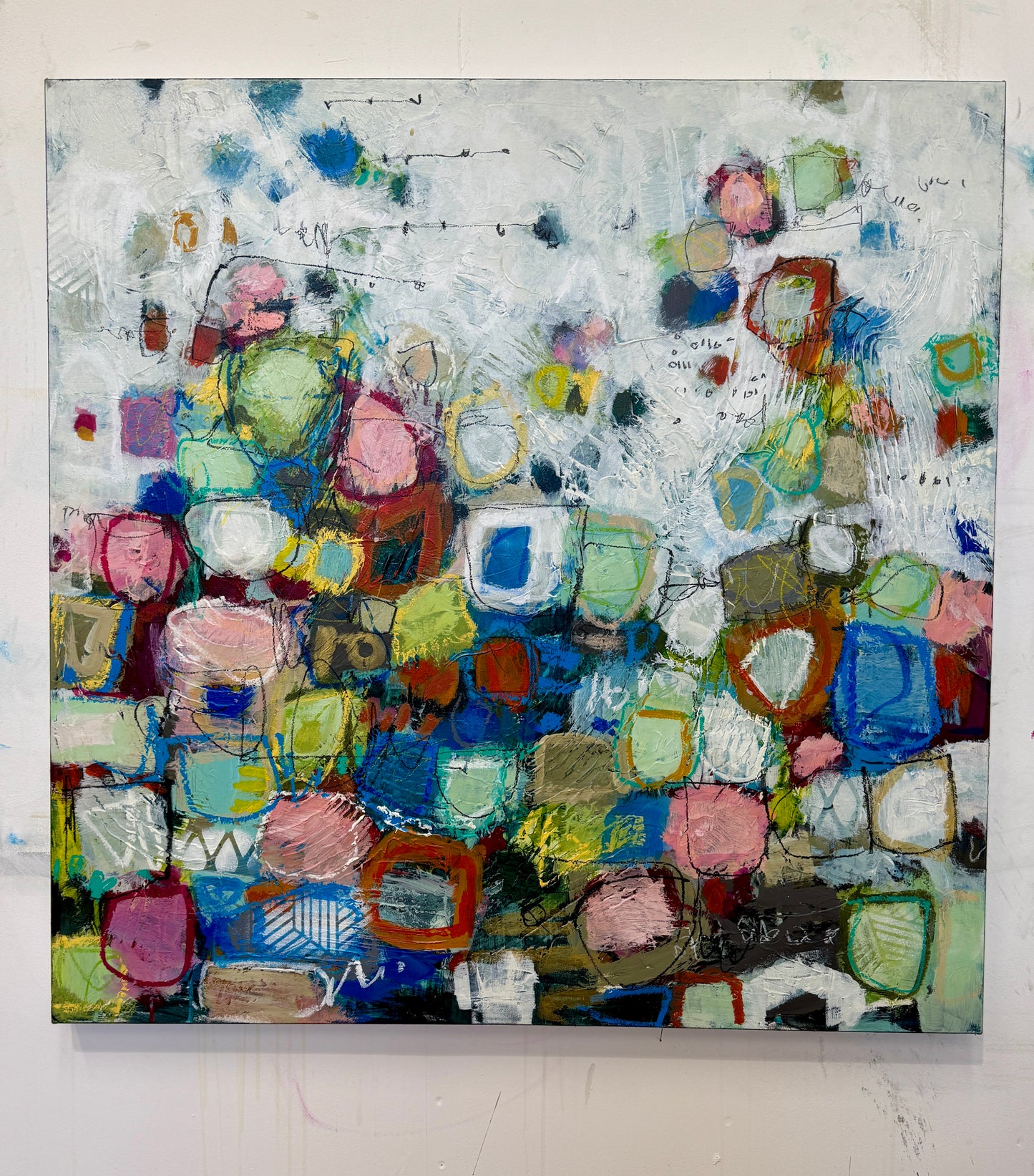 Abstract art piece with colorful geometric shapes on a white background