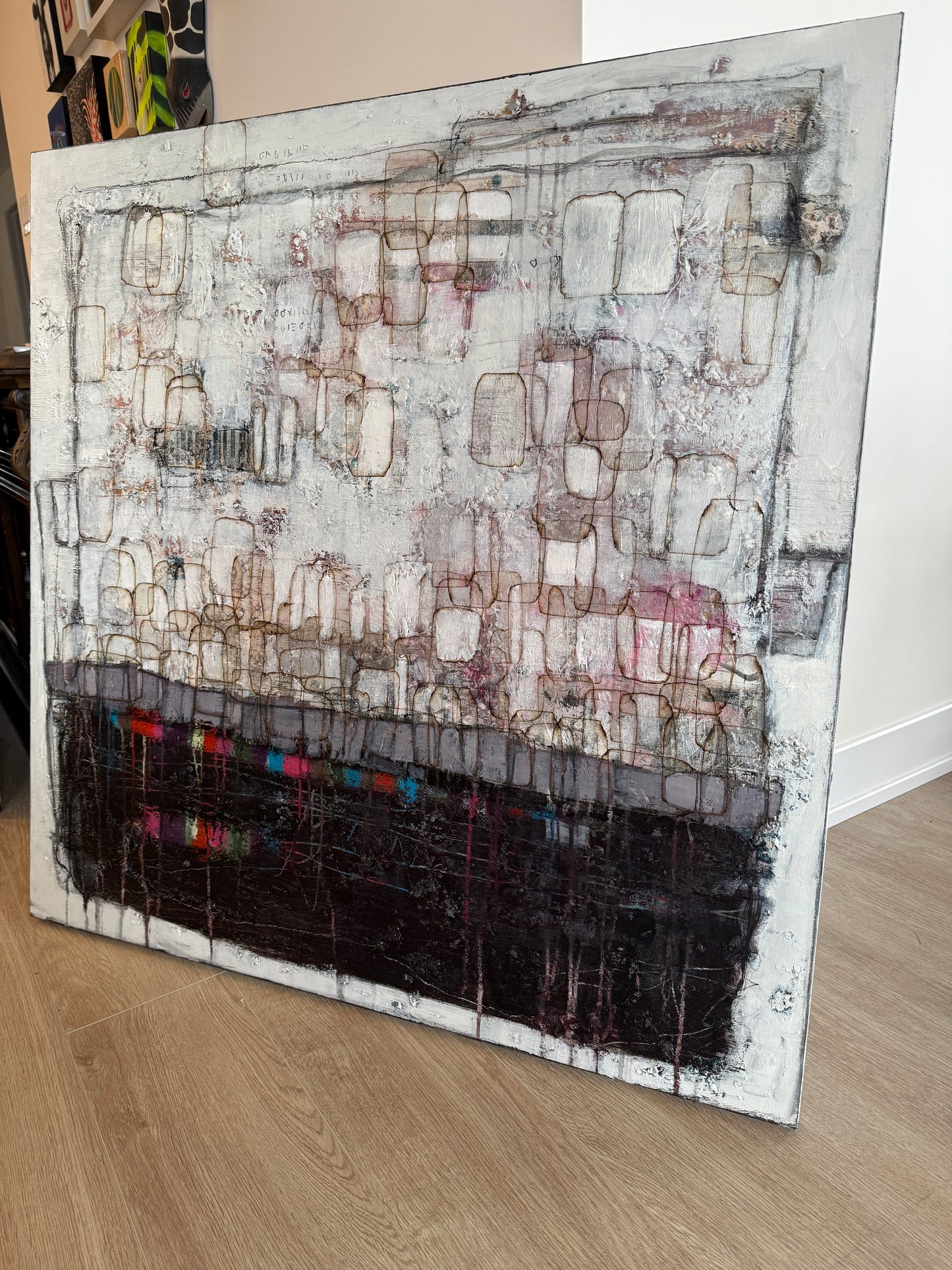 Abstract art piece on a wooden surface