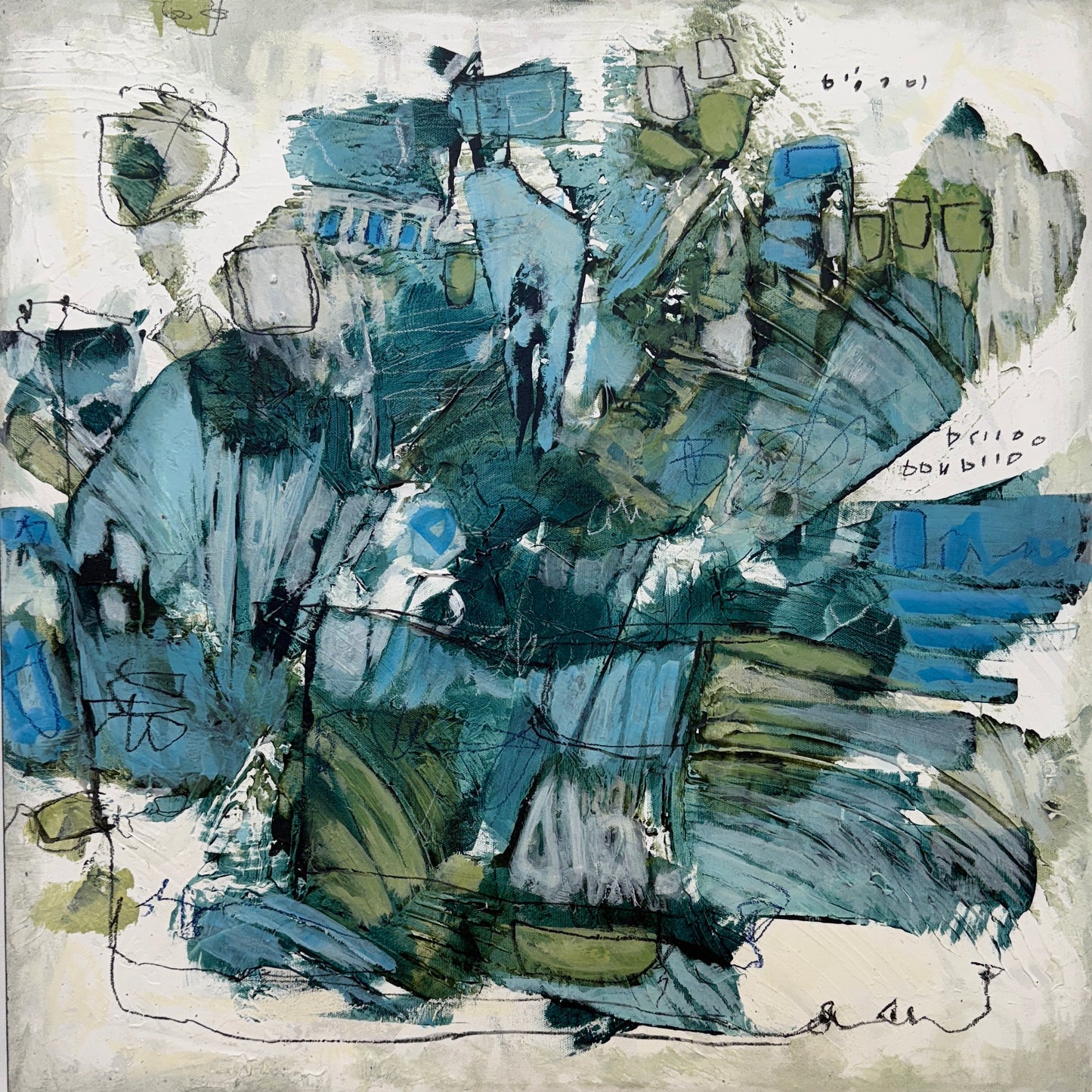 Abstract art piece with blue and green colors on a textured background art by Lori Mirabelli