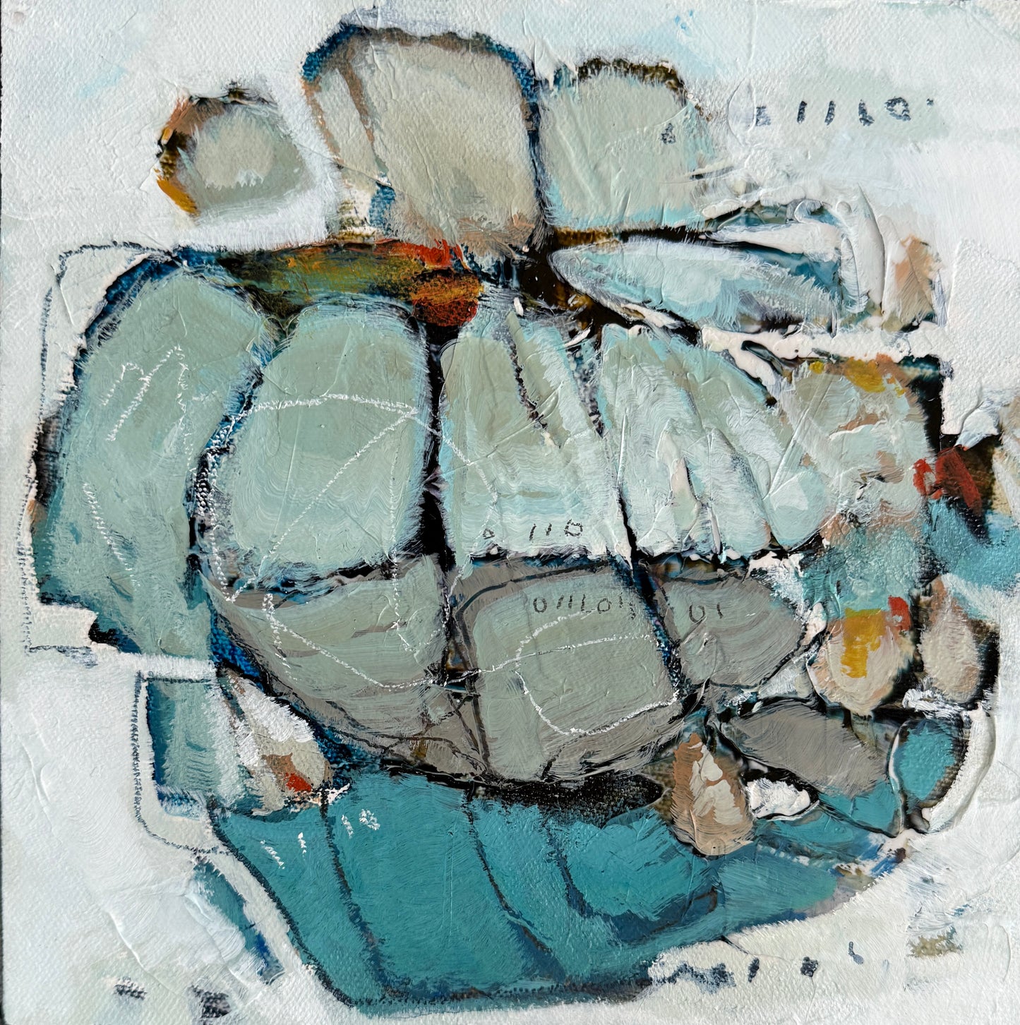 Abstract painting of a flower with blue and gray tones on a white background 8x8 Lori Mirabelli