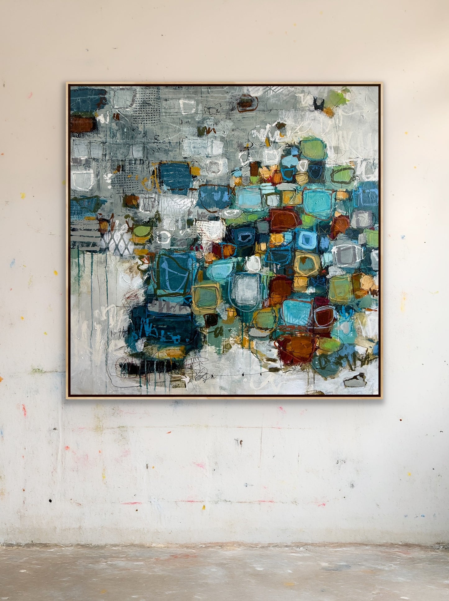 abstract painting 40x40 green pink mid century modern lori mirabelli