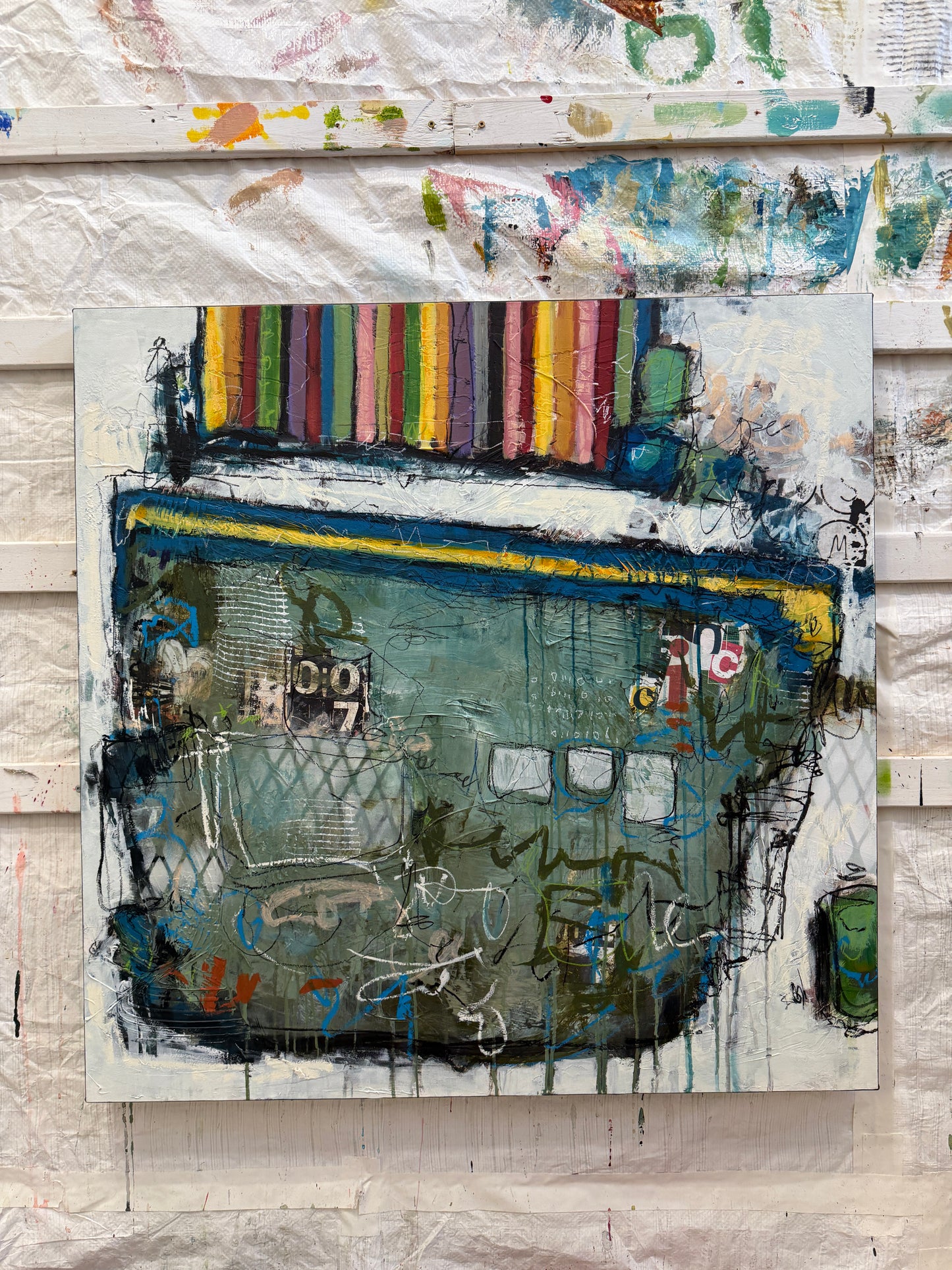 Abstract art piece on a textured surface