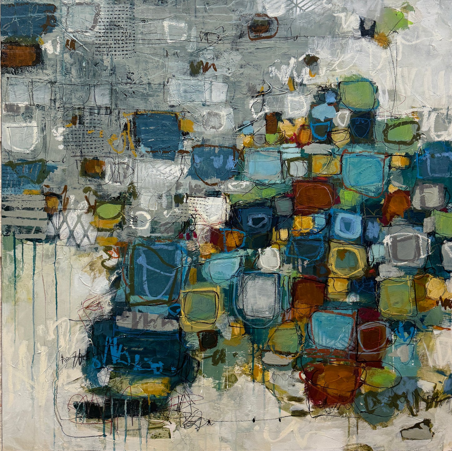 abstract painting 40x40 green pink mid century modern lori mirabelli