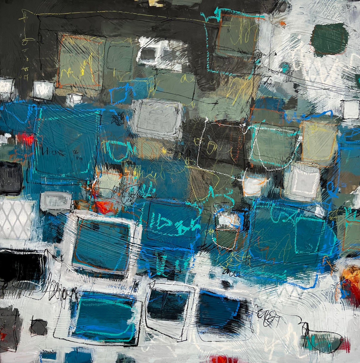 42x42 inch square large colorful abstract painting Lori Mirabelli