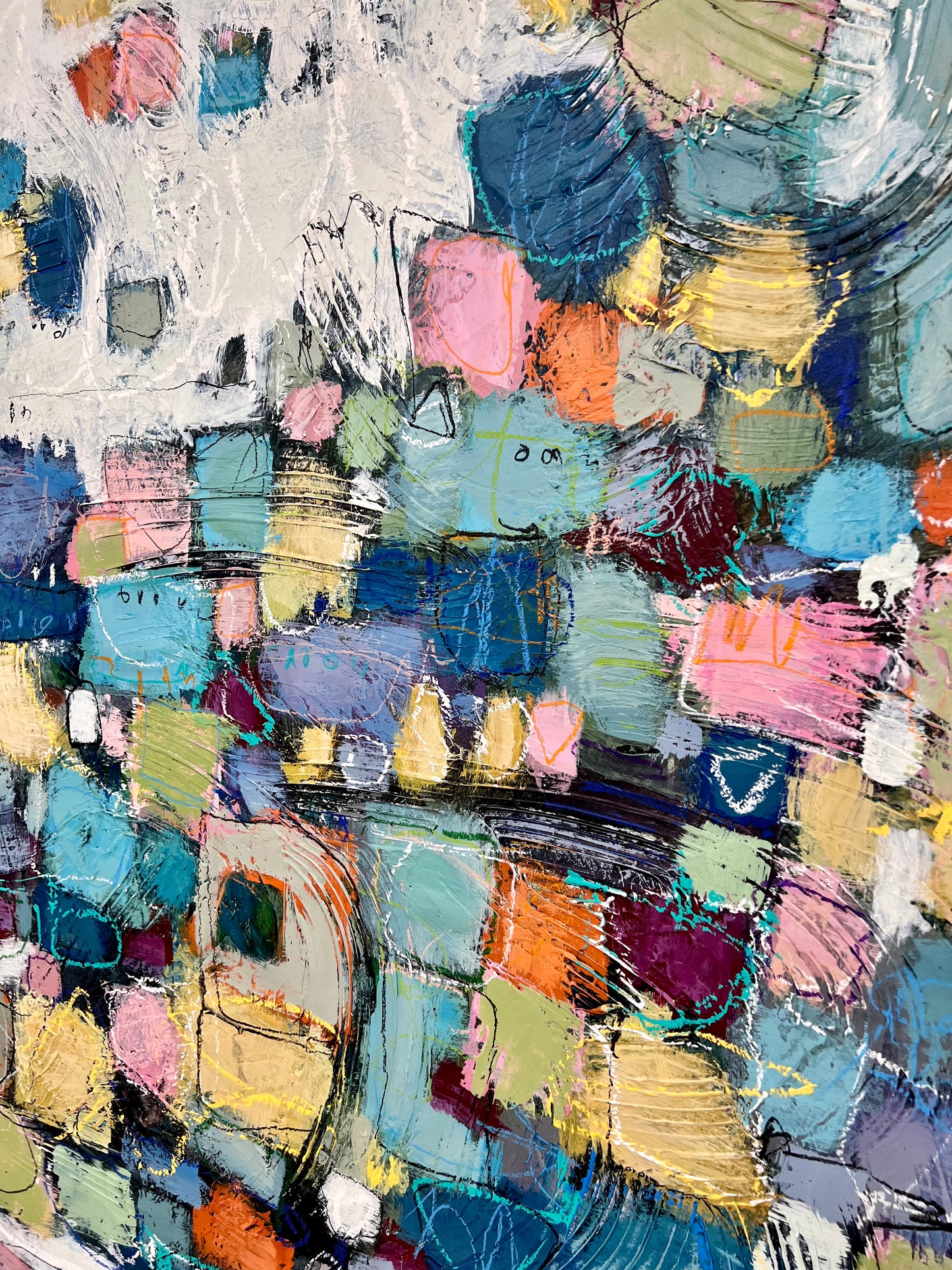 48x60 inch horizontal large colorful abstract painting Lori Mirabelli