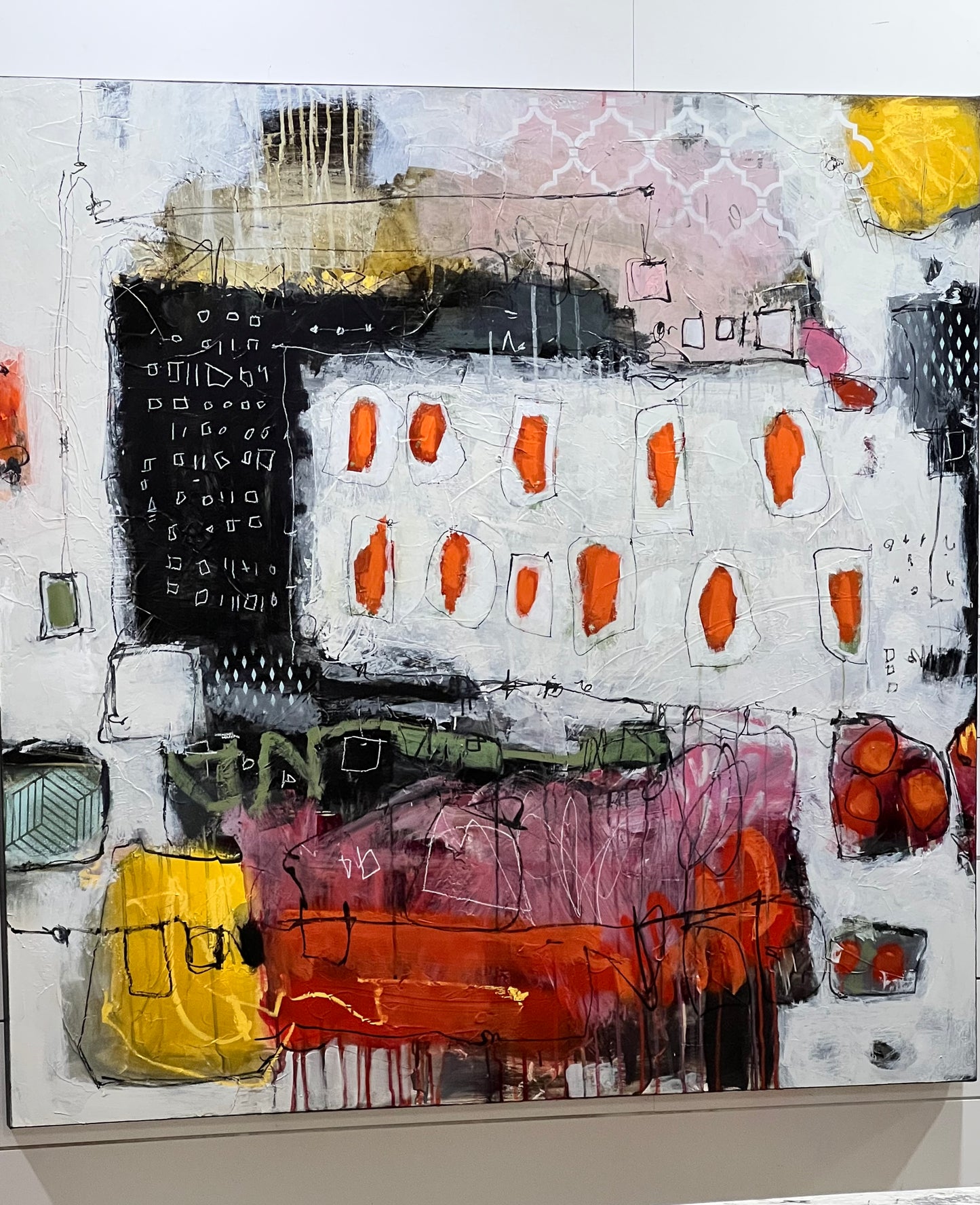 orange pink yellow abstract painting 48x48 lori mirabelli