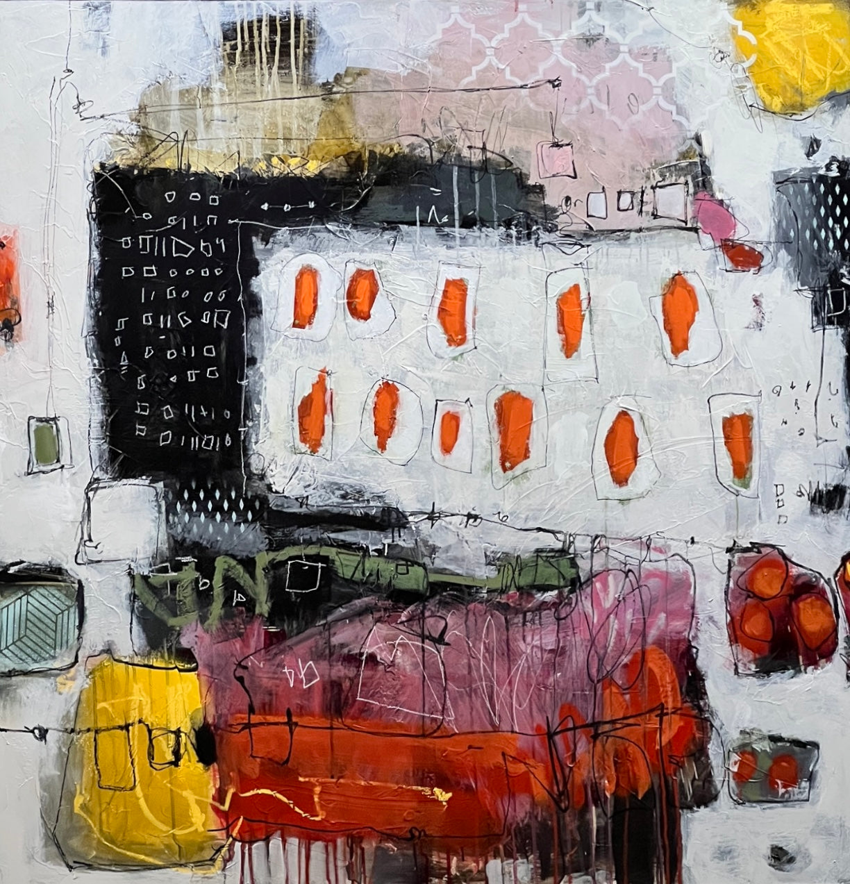orange pink yellow abstract painting 48x48 lori mirabelli
