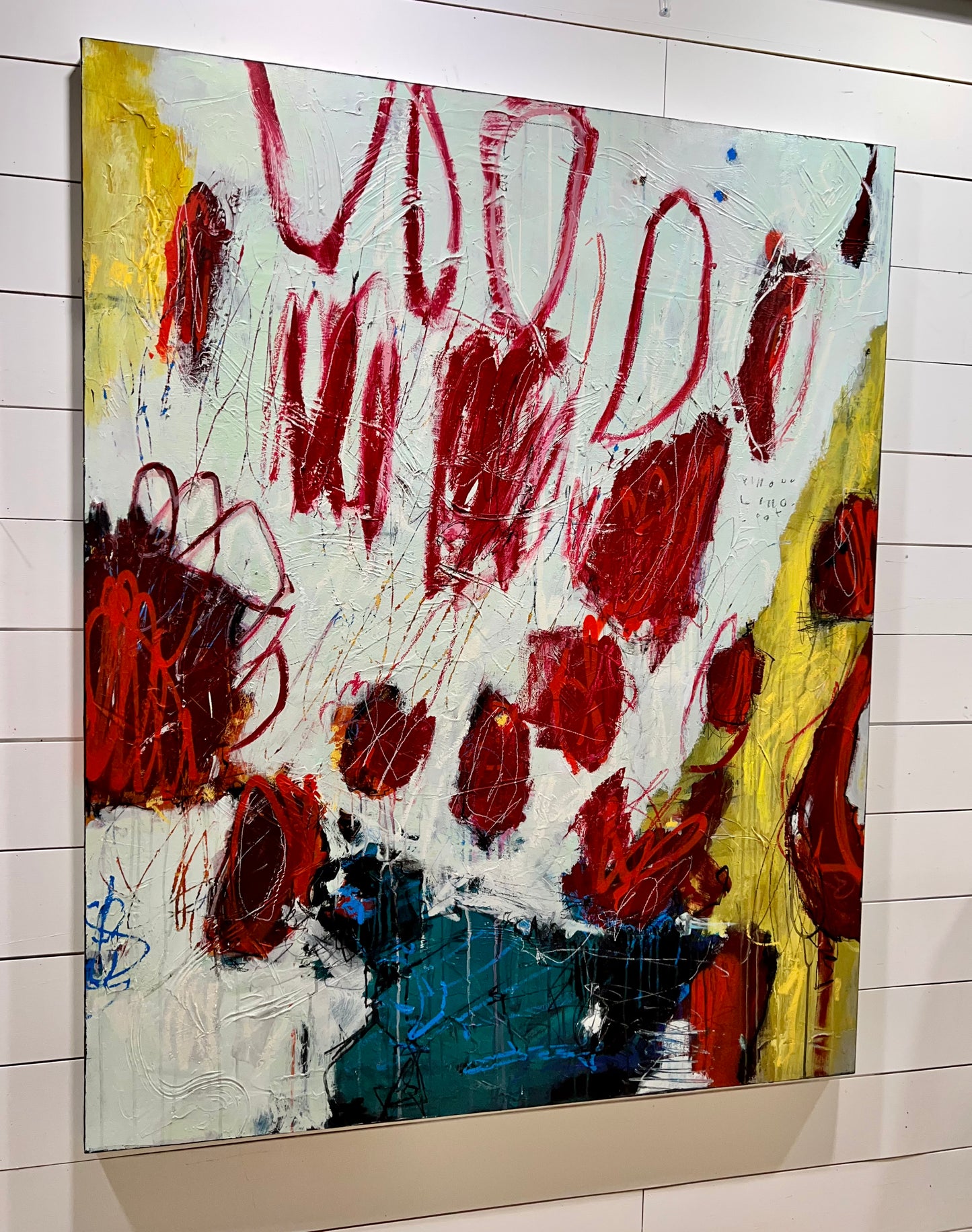 large red and yellow abstract painting Lori Mirabelli