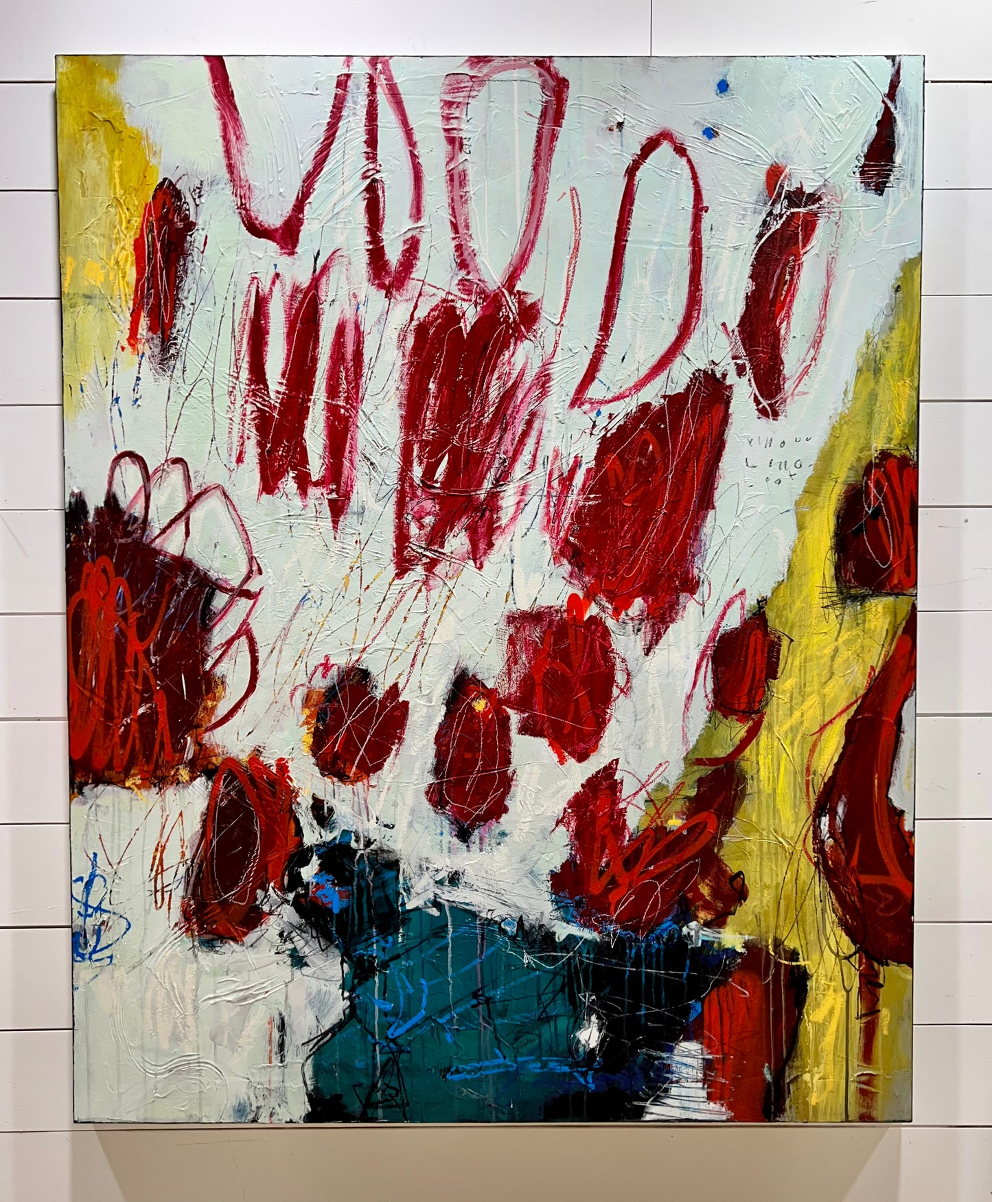 large red and yellow abstract painting Lori Mirabelli