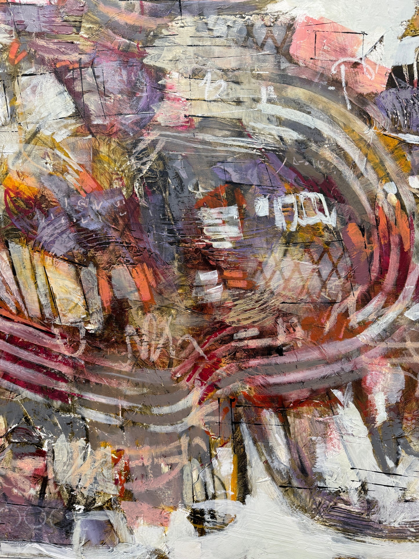 Abstract 40 x 60” acrylic painting by Lori Mirabelli featuring layered brushwork in earthy tones of mauve, ochre, and deep red — contemporary modern artwork collected in Toronto, New York, and Chicago.