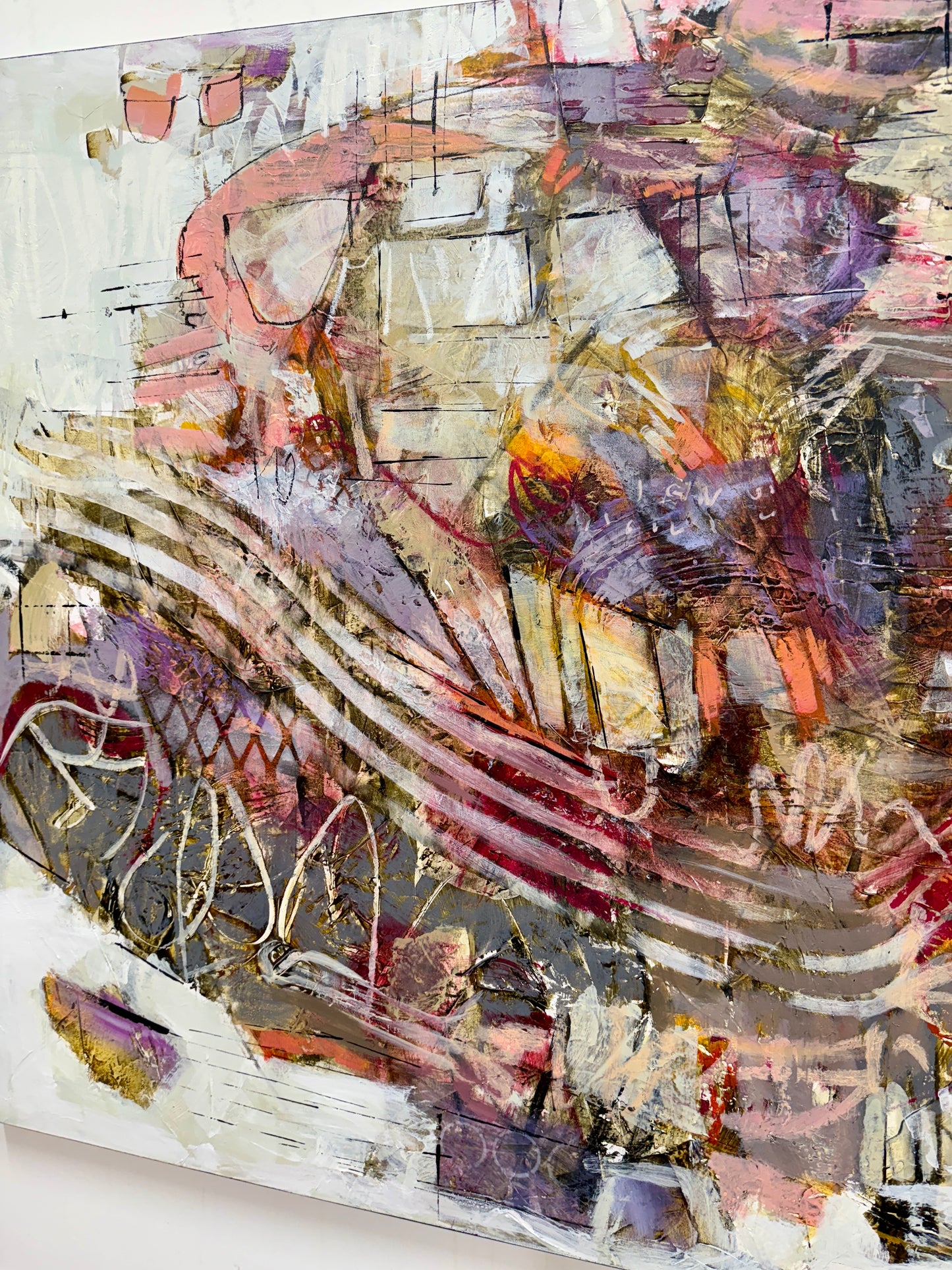 Abstract 40 x 60” acrylic painting by Lori Mirabelli featuring layered brushwork in earthy tones of mauve, ochre, and deep red — contemporary modern artwork collected in Toronto, New York, and Chicago.