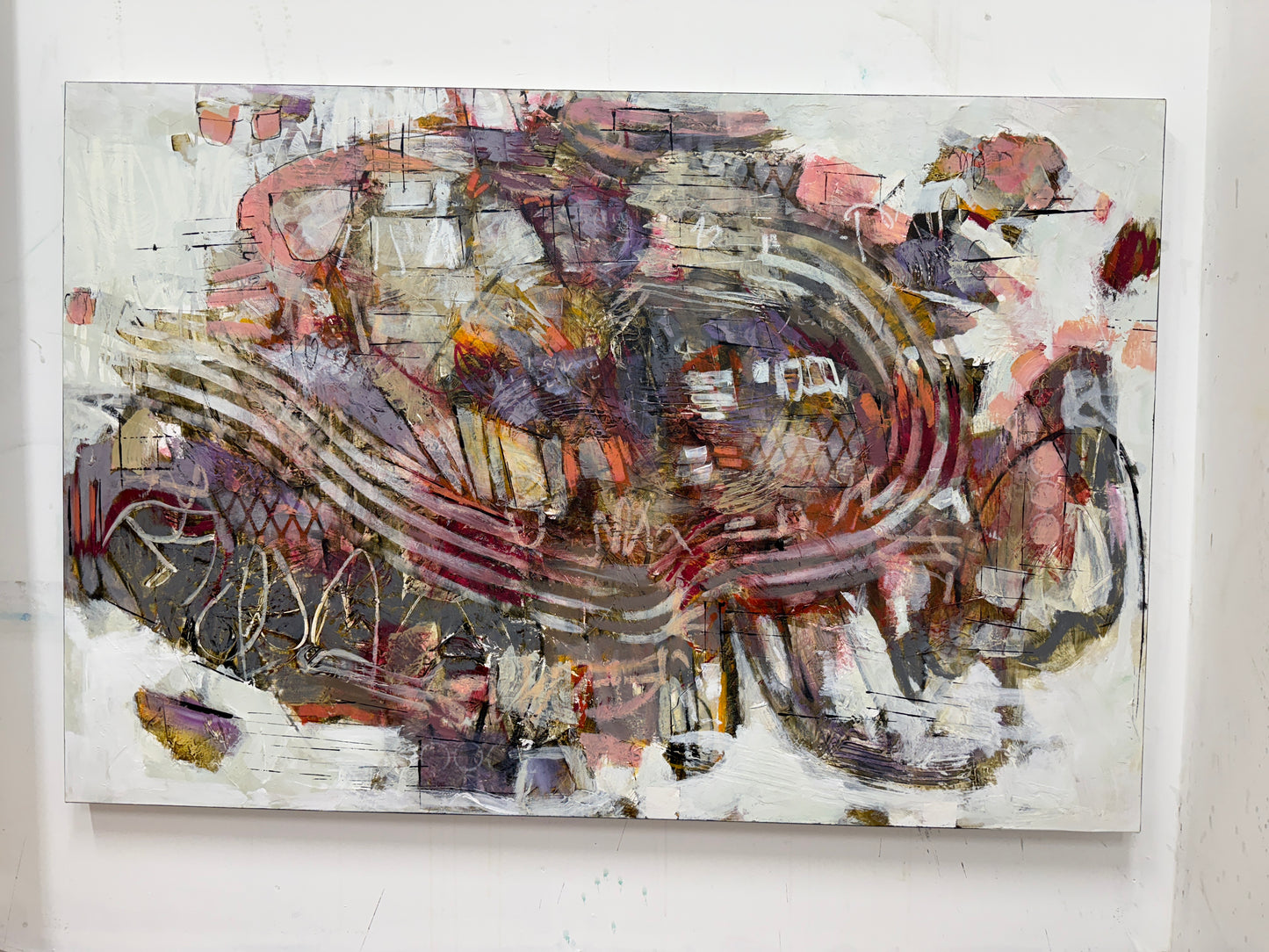 Abstract 40 x 60” acrylic painting by Lori Mirabelli featuring layered brushwork in earthy tones of mauve, ochre, and deep red — contemporary modern artwork collected in Toronto, New York, and Chicago.