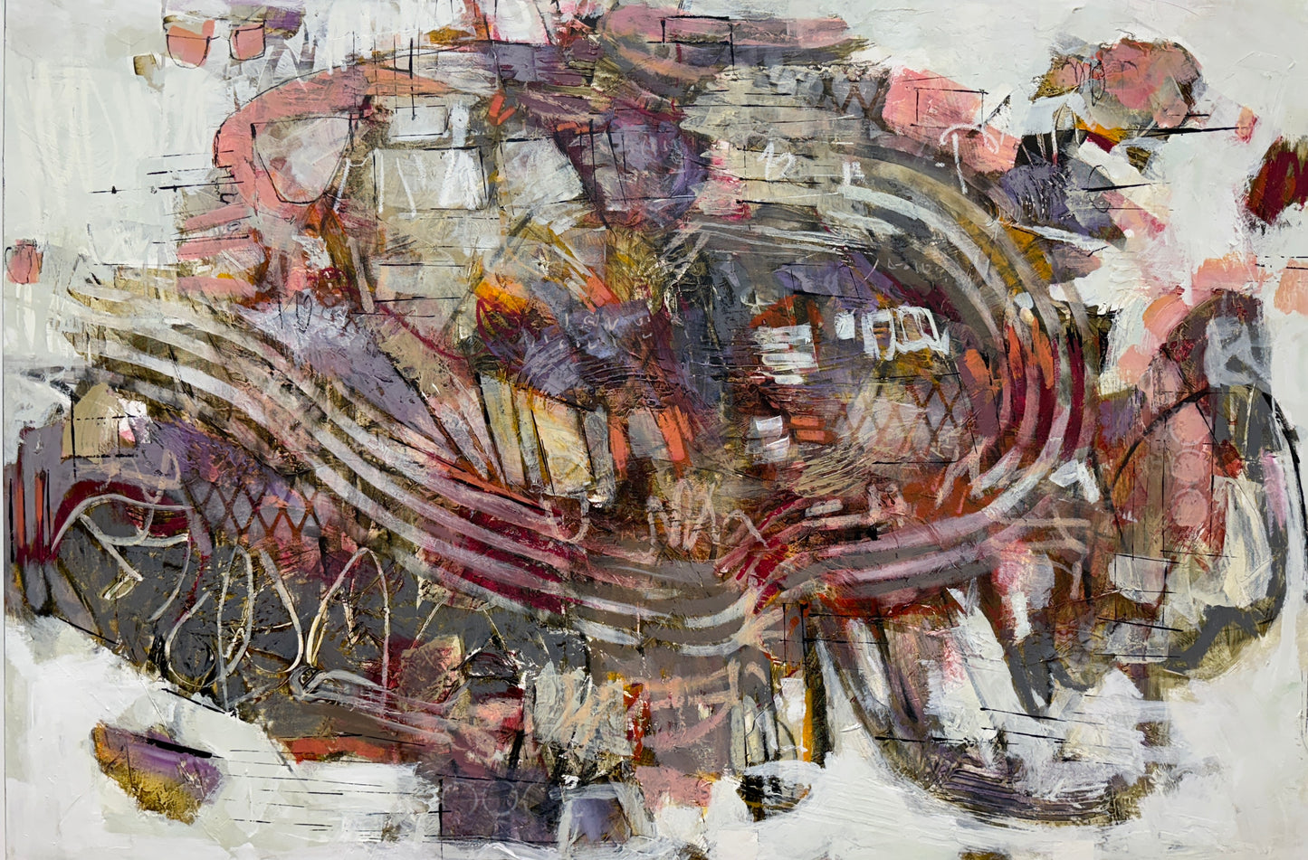 Abstract 40 x 60” acrylic painting by Lori Mirabelli featuring layered brushwork in earthy tones of mauve, ochre, and deep red — contemporary modern artwork collected in Toronto, New York, and Chicago.