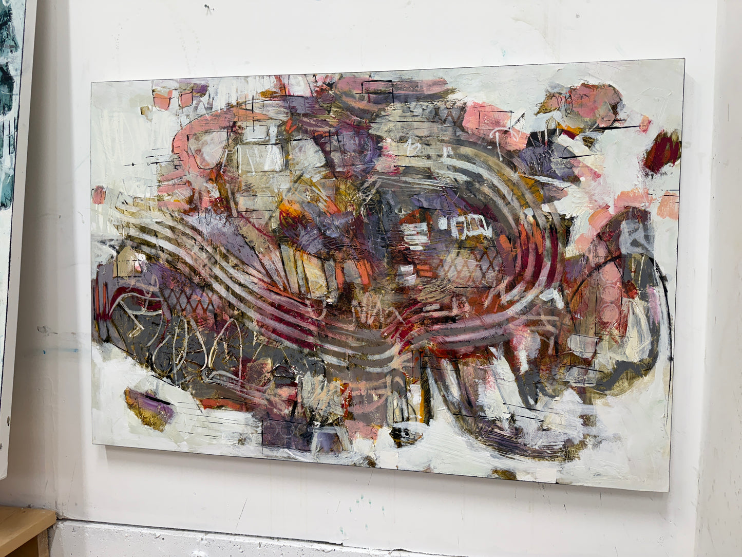 Abstract 40 x 60” acrylic painting by Lori Mirabelli featuring layered brushwork in earthy tones of mauve, ochre, and deep red — contemporary modern artwork collected in Toronto, New York, and Chicago.