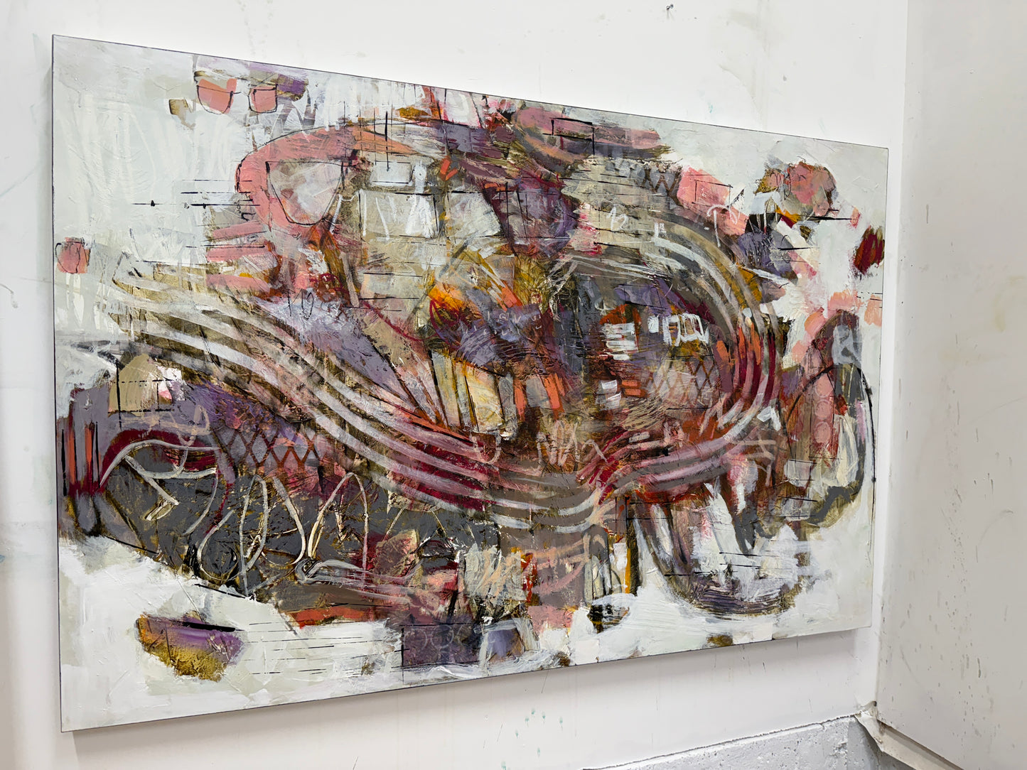 Abstract 40 x 60” acrylic painting by Lori Mirabelli featuring layered brushwork in earthy tones of mauve, ochre, and deep red — contemporary modern artwork collected in Toronto, New York, and Chicago.