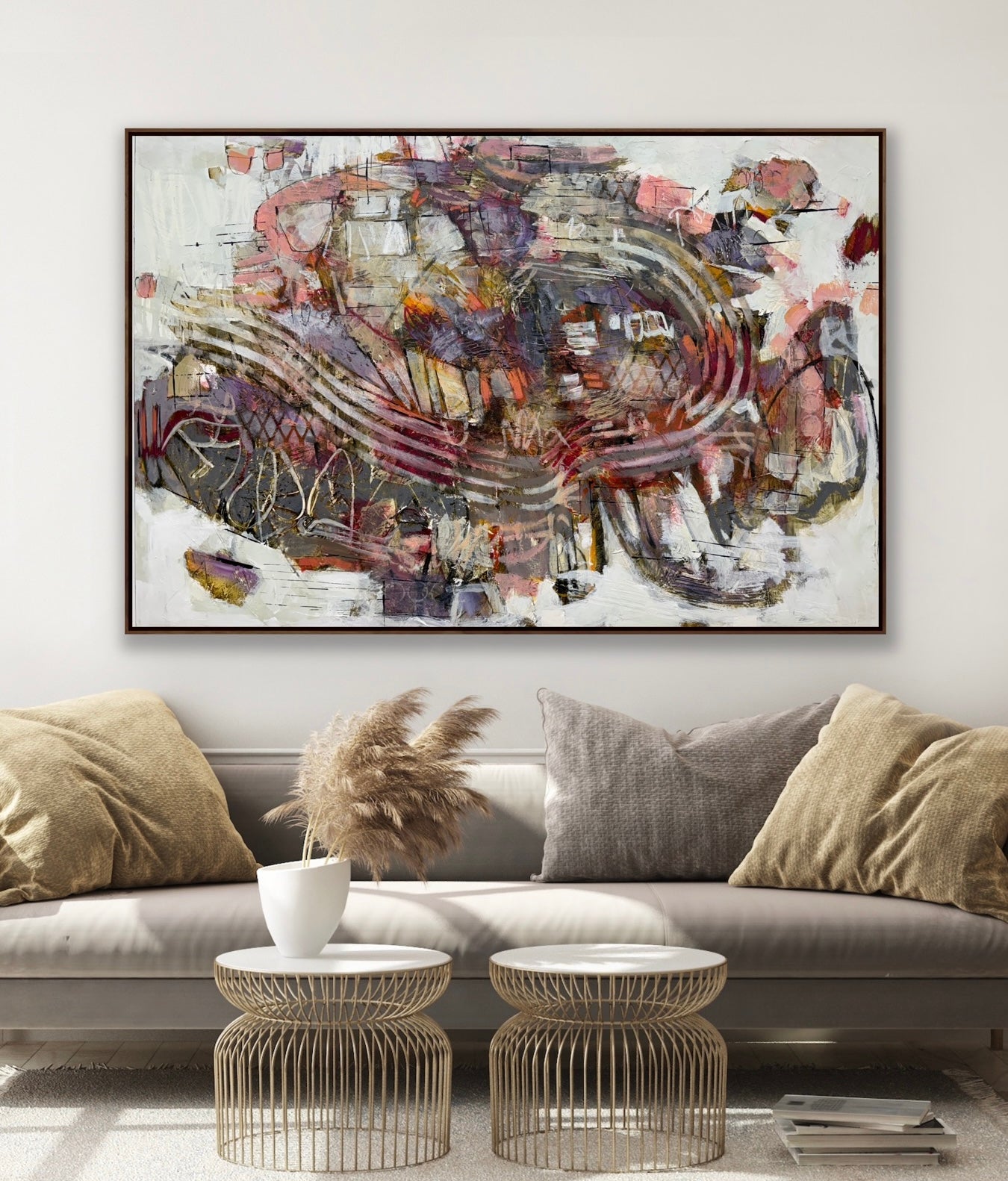 Abstract 40 x 60” acrylic painting by Lori Mirabelli featuring layered brushwork in earthy tones of mauve, ochre, and deep red — contemporary modern artwork collected in Toronto, New York, and Chicago.