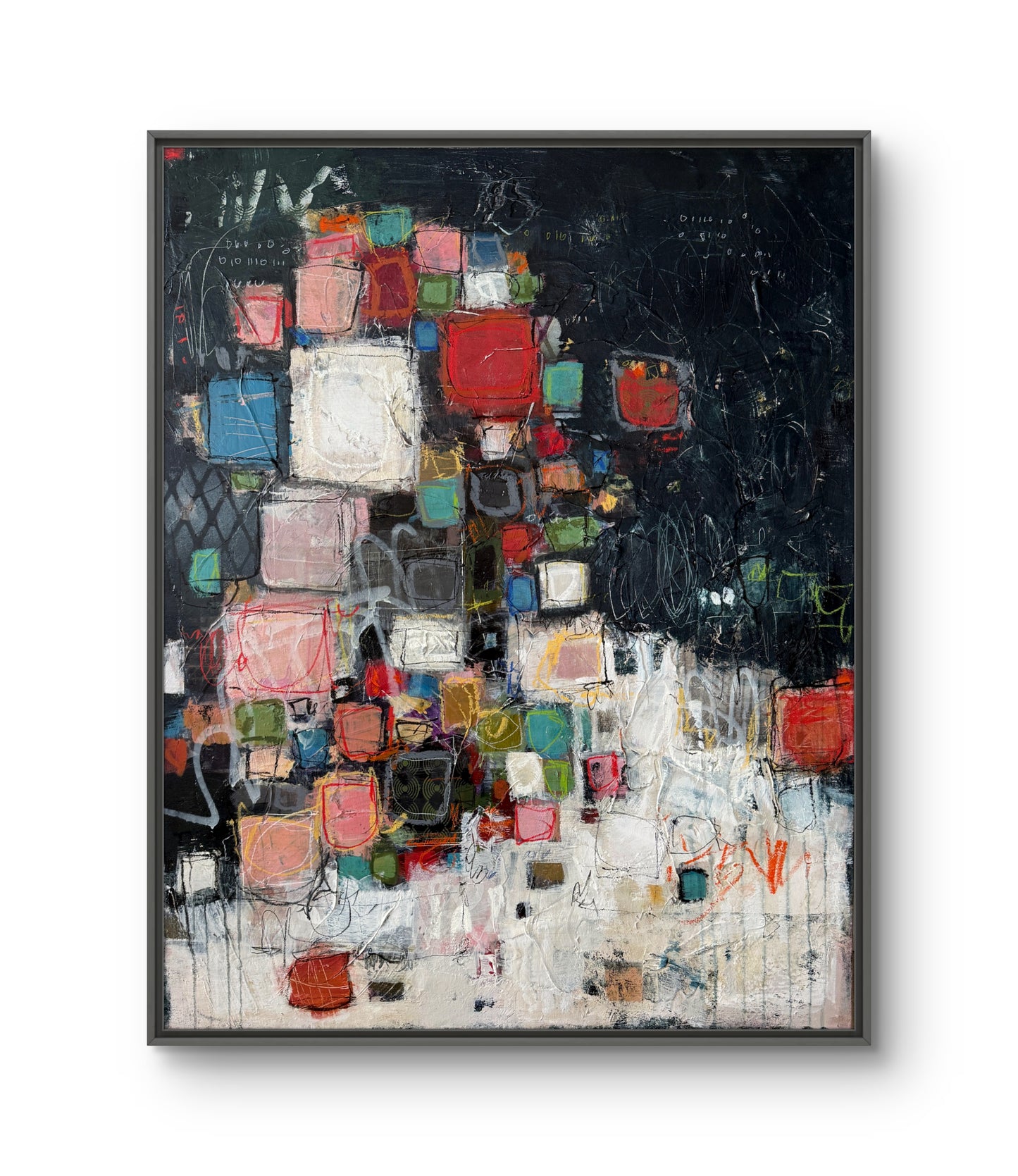 Detail of Block Party by Lori Mirabelli, contemporary geometric abstract painting with vibrant square shapes in acrylic on canvas.