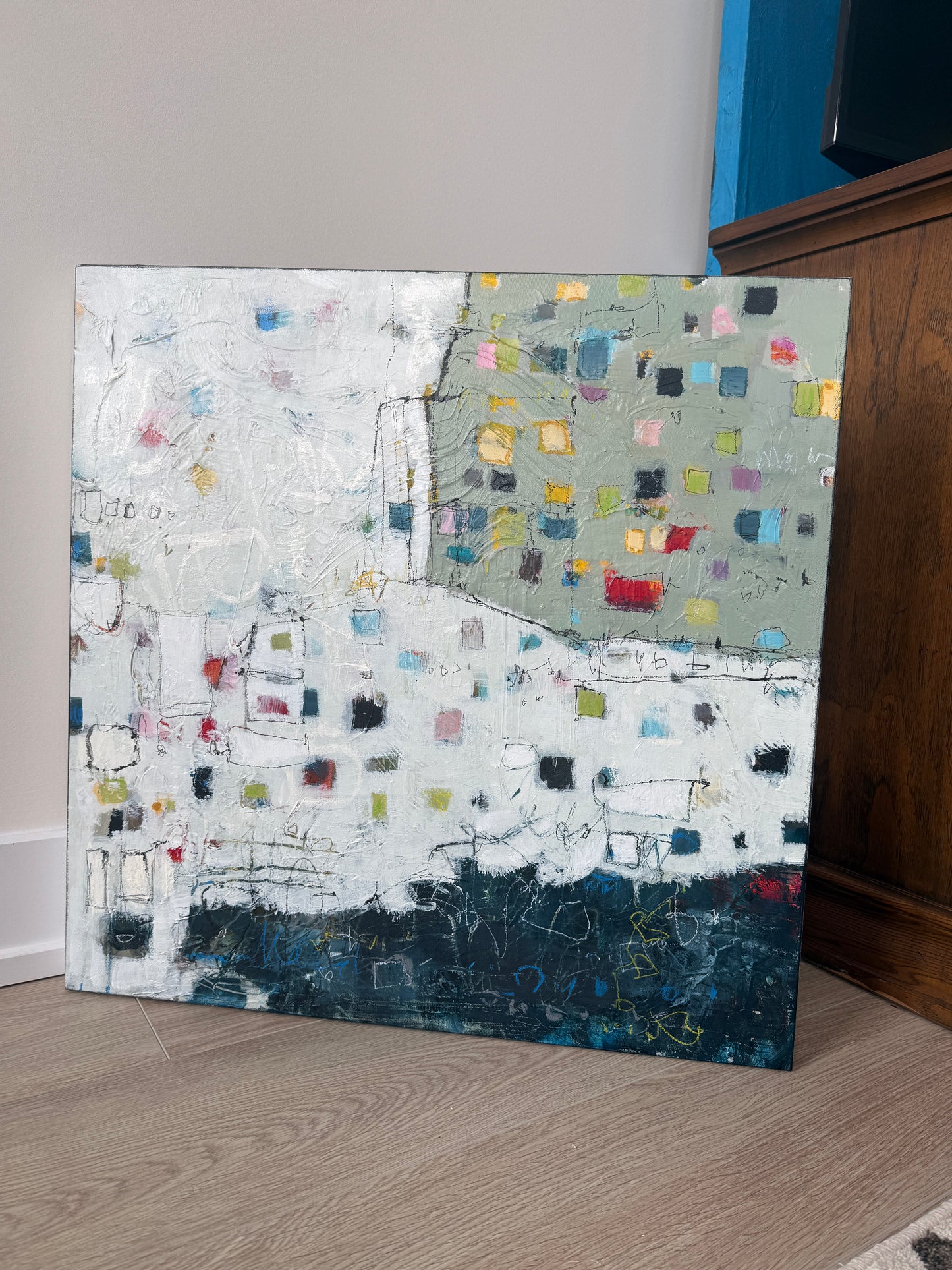 Textured abstract painting 24x24 inches by Lori Mirabelli contemporary acrylic artwork with geometric color accents