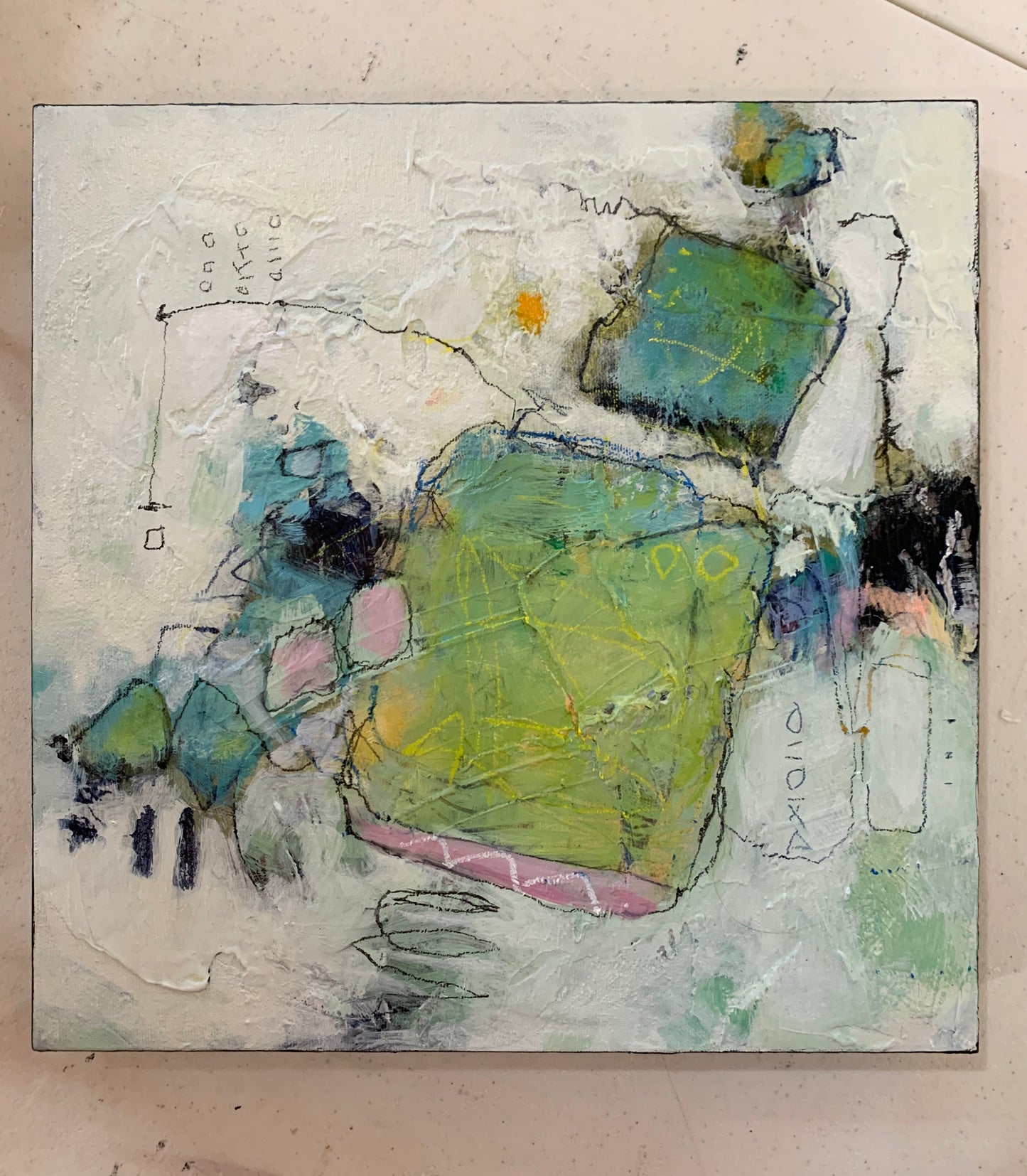 abstract paintings for sale green pink Brooklyn art show Lori Mirabelli