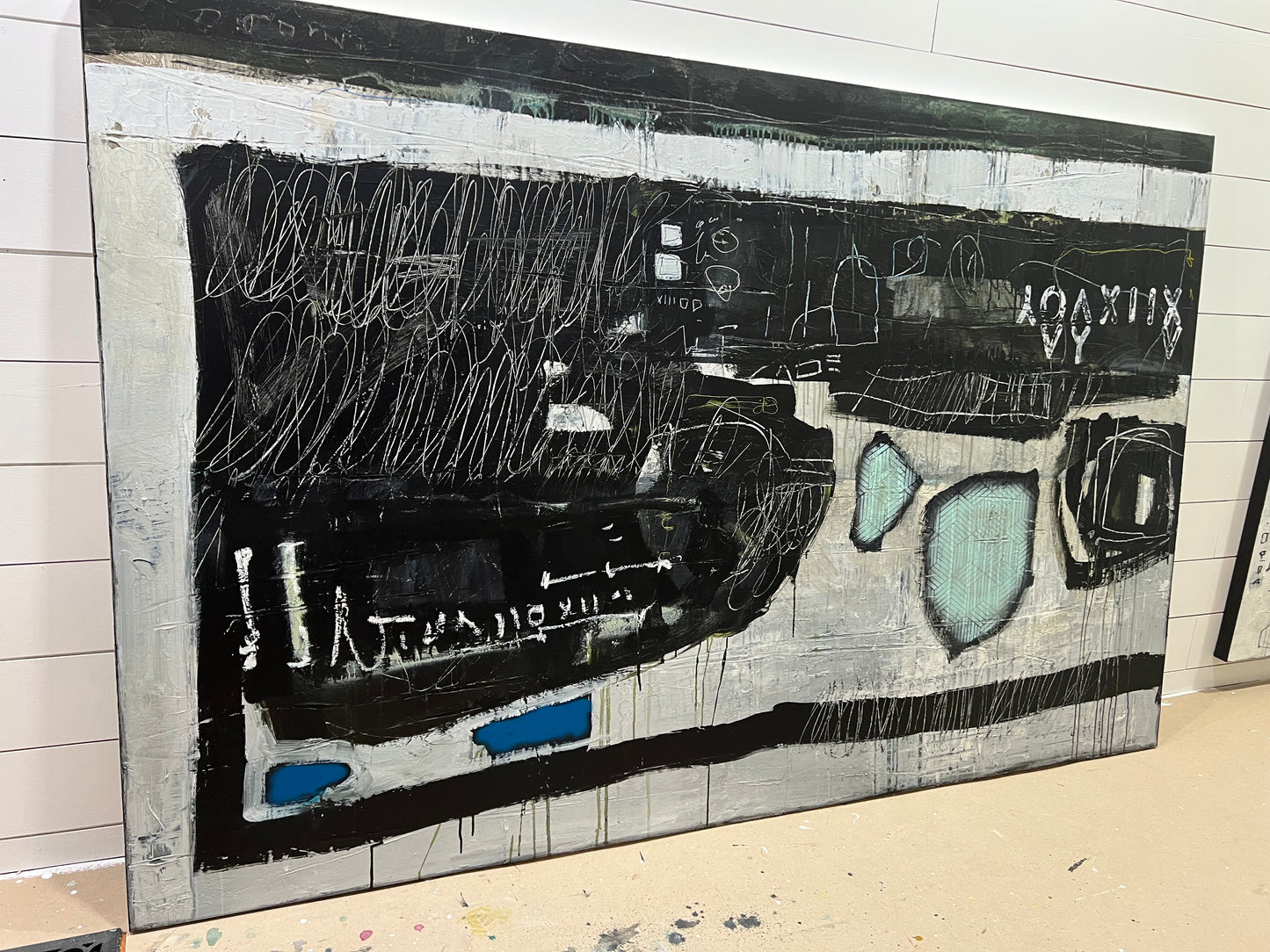 horizontal modern abstract painting black white blue tan lori mirabelli