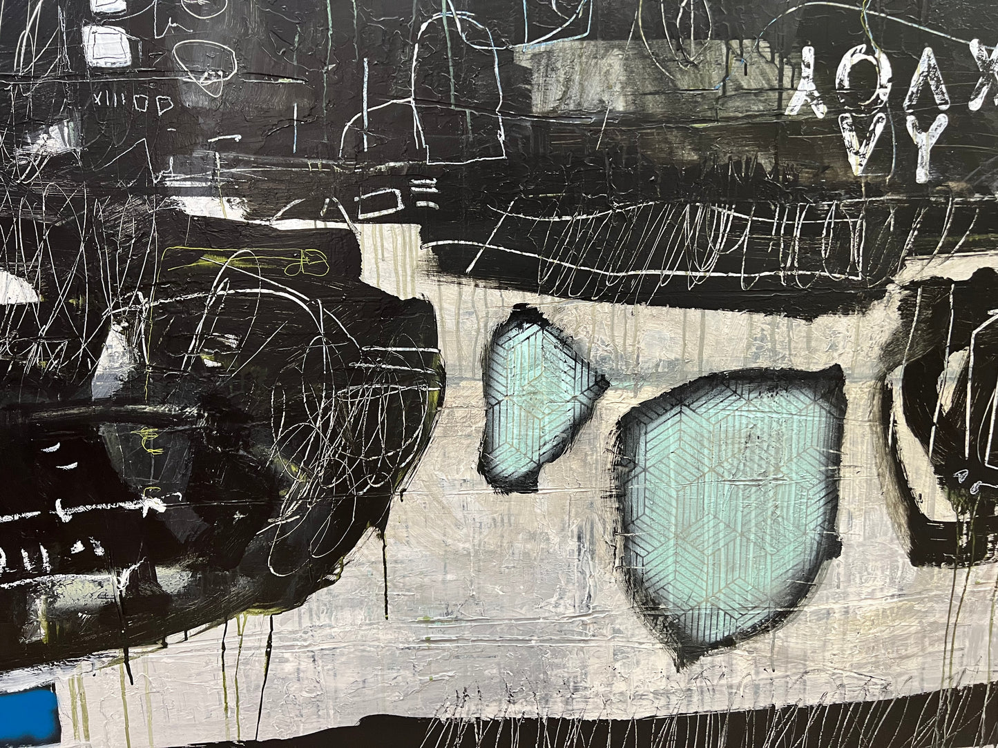 horizontal modern abstract painting black white blue tan lori mirabelli