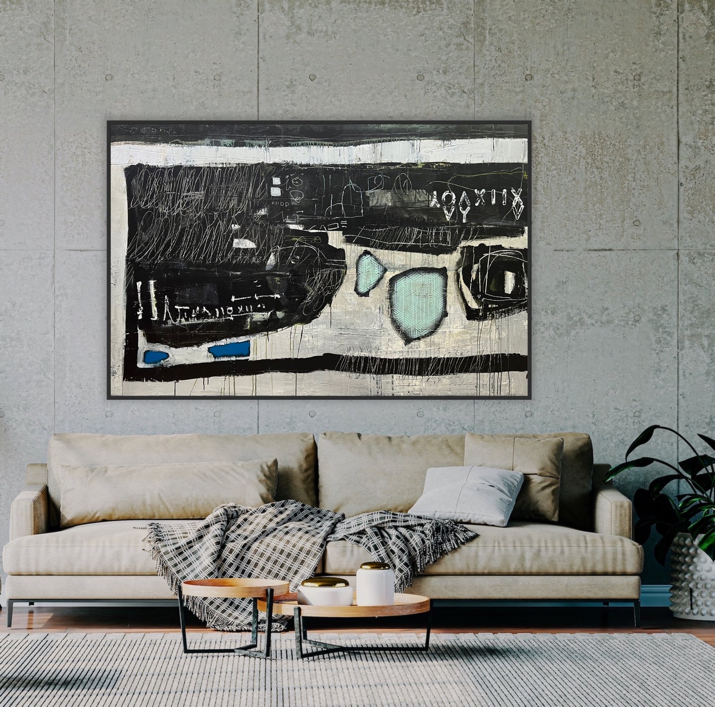 horizontal modern abstract painting black white blue tan lori mirabelli