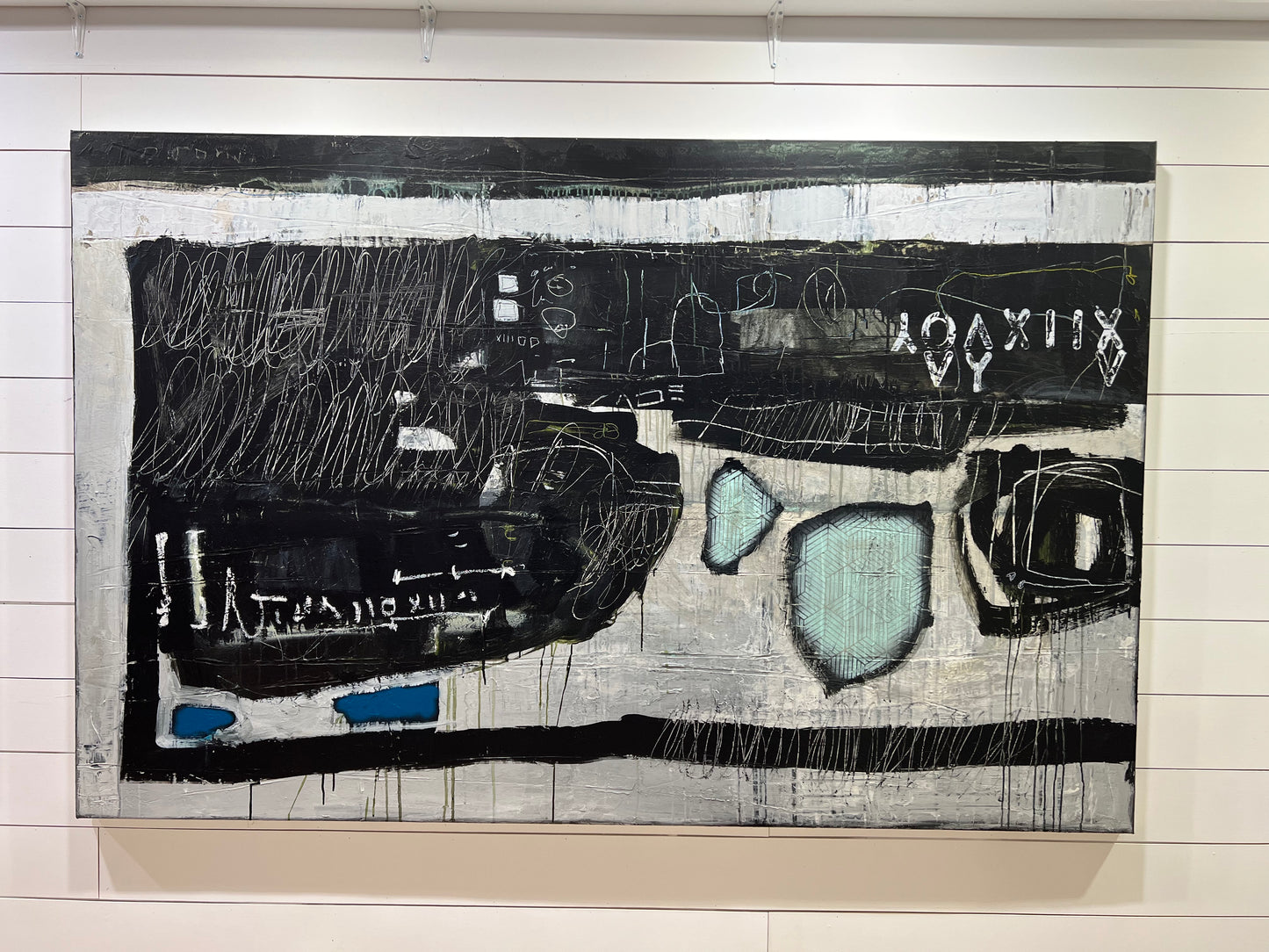 horizontal modern abstract painting black white blue tan lori mirabelli