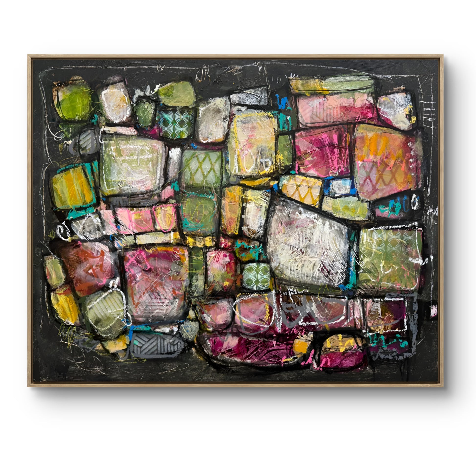 Abstract art piece with colorful geometric shapes on a black background Lori Mirabelli